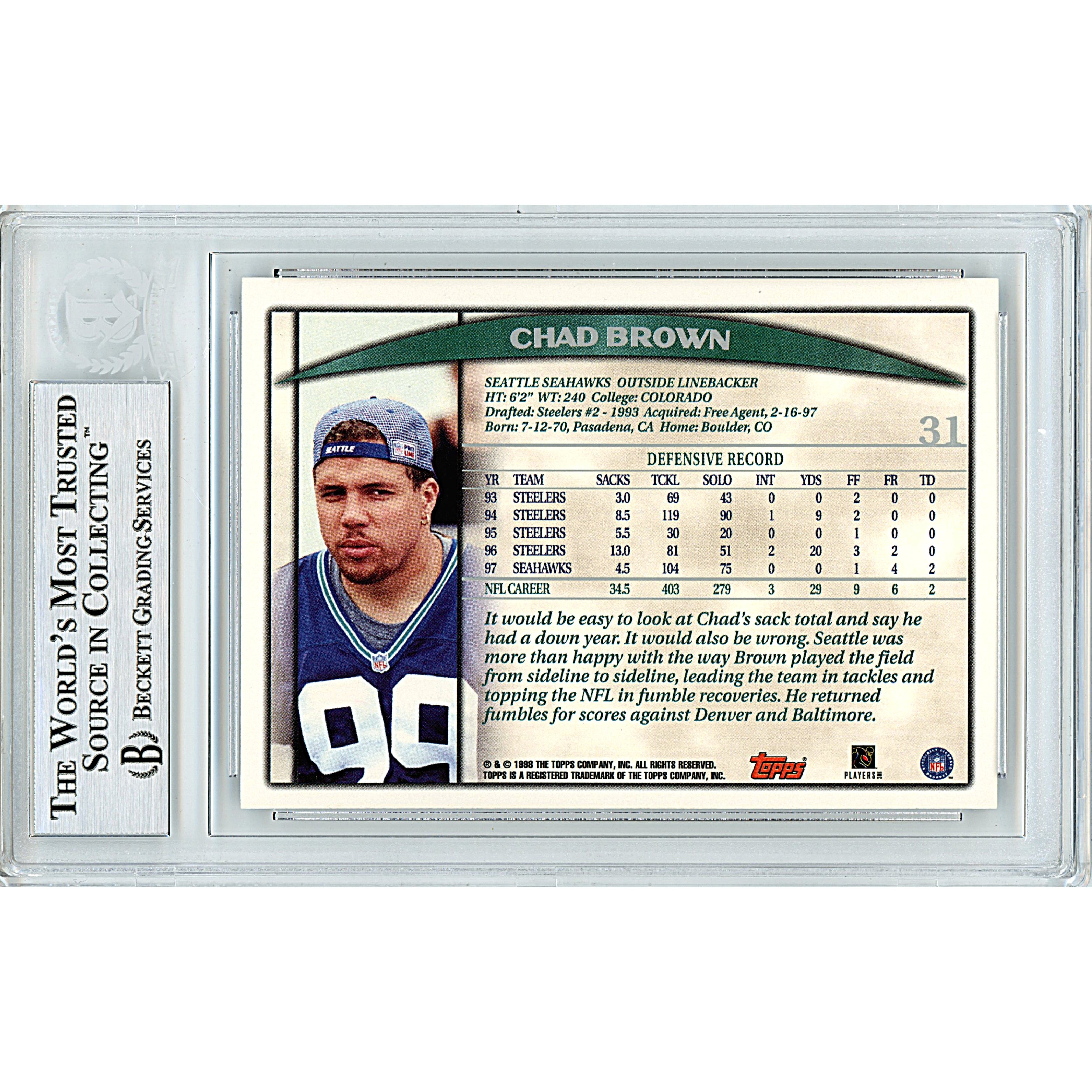 1998 Topps #31 Chad Brown Signed Trading Card – Beckett BAS
