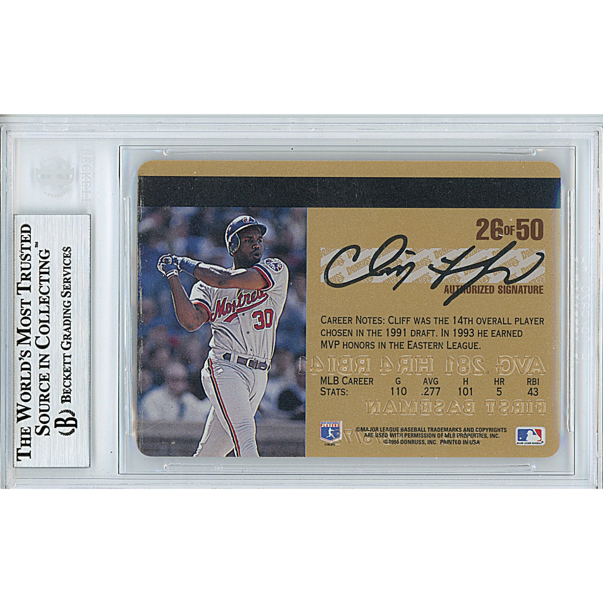 Baseballs- Autographed- Cliff Floyd Signed Montreal Expos 1995 Donruss Studio Gold Insert Baseball Card Beckett Slabbed 00013191068 - 103