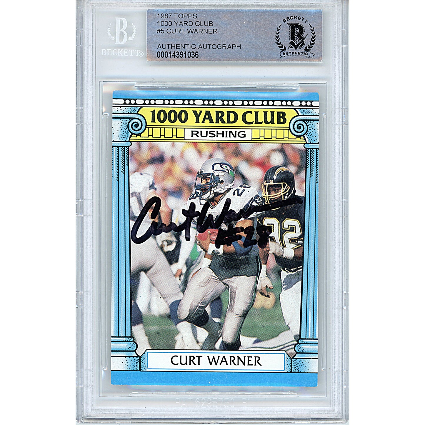 Footballs- Autographed- Curt Warner Signed Seattle Seahawks 1987 Topps 1000 Yard Club Football Card Beckett Authentic Slabbed 00014391036 - 101