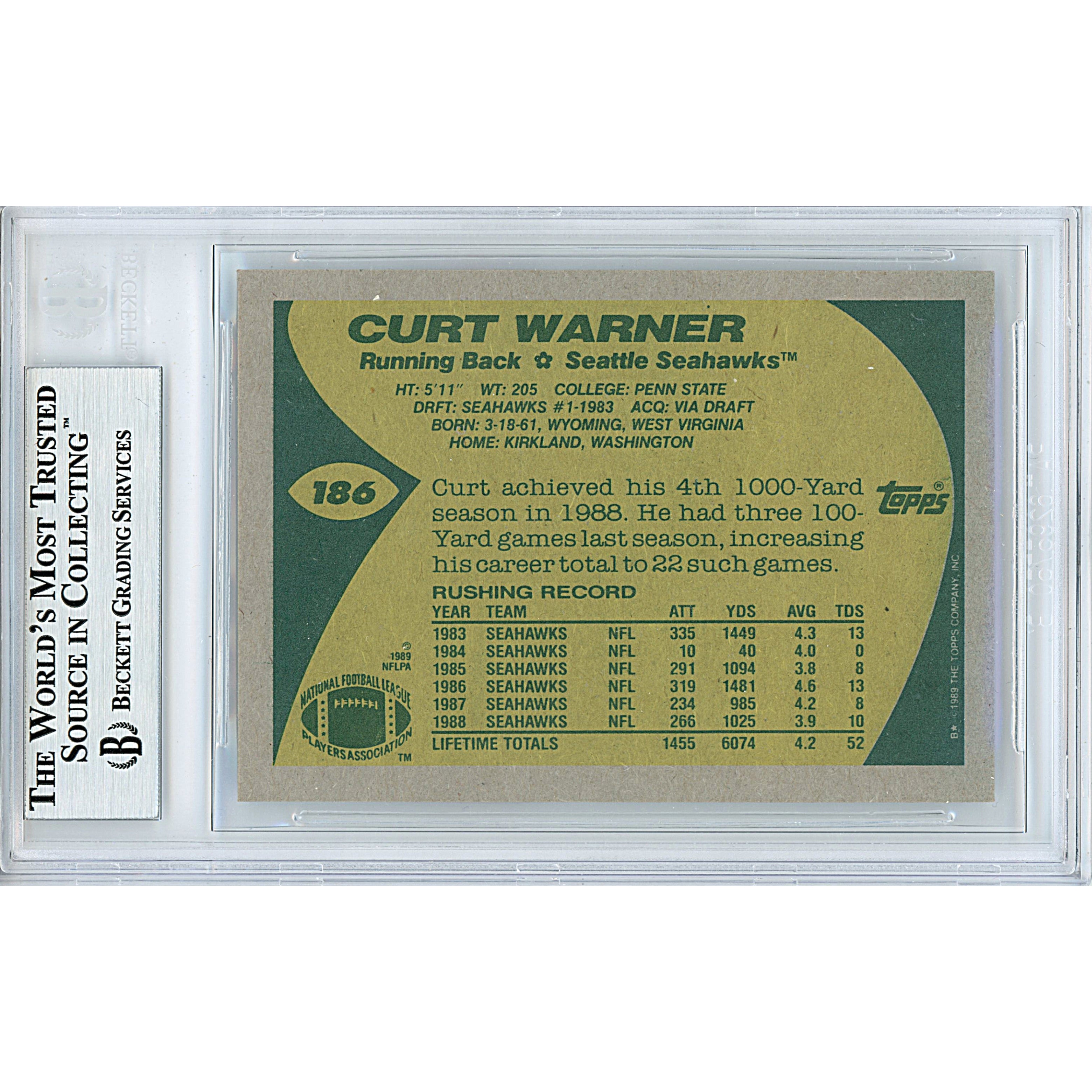 1989 Topps Curt Warner Signed Trading Card – Beckett BAS