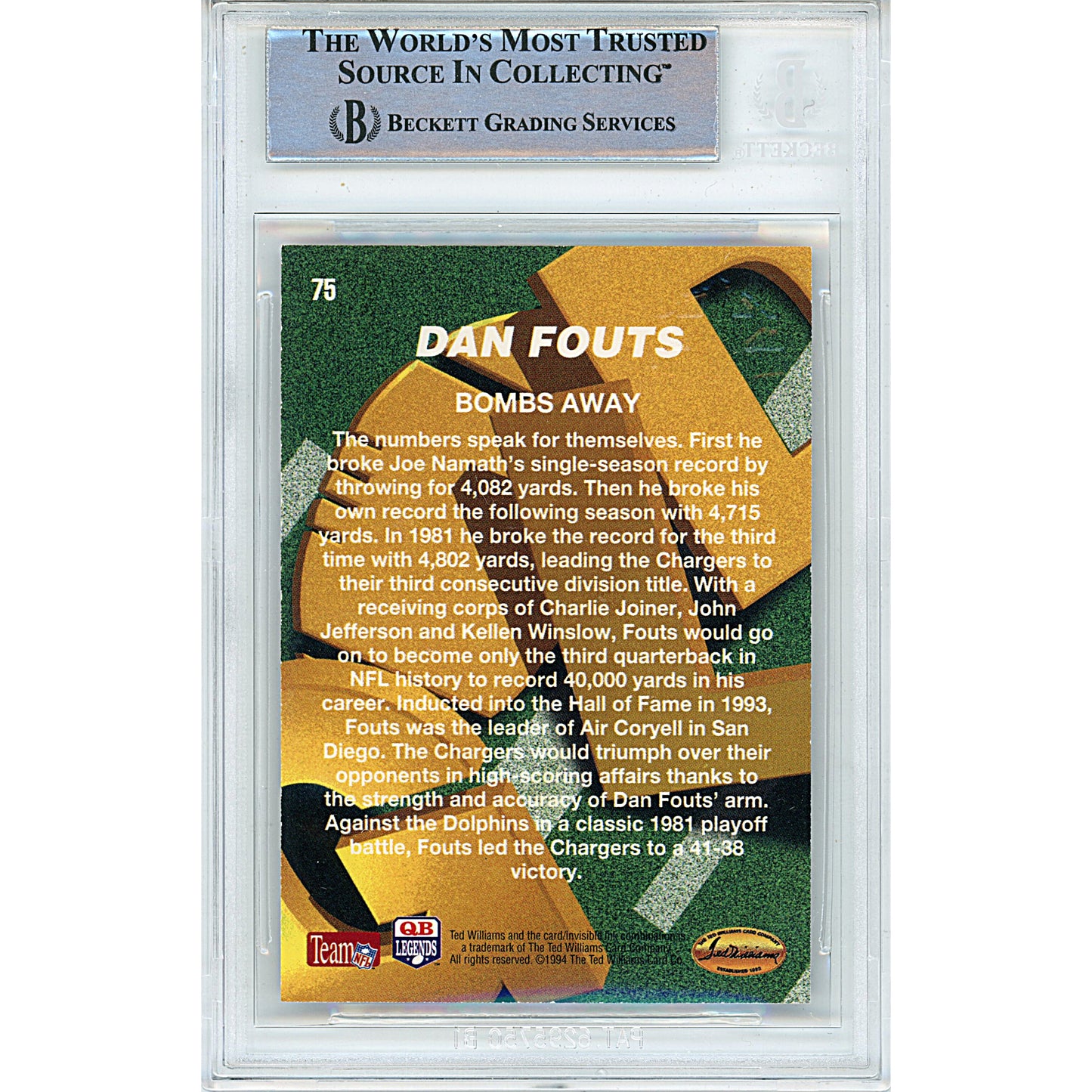 Football- Autographed- Dan Fouts Signed San Diego Chargers 1994 Ted Williams Card Company Football Card Beckett Certified Slabbed 00014998162 - 102