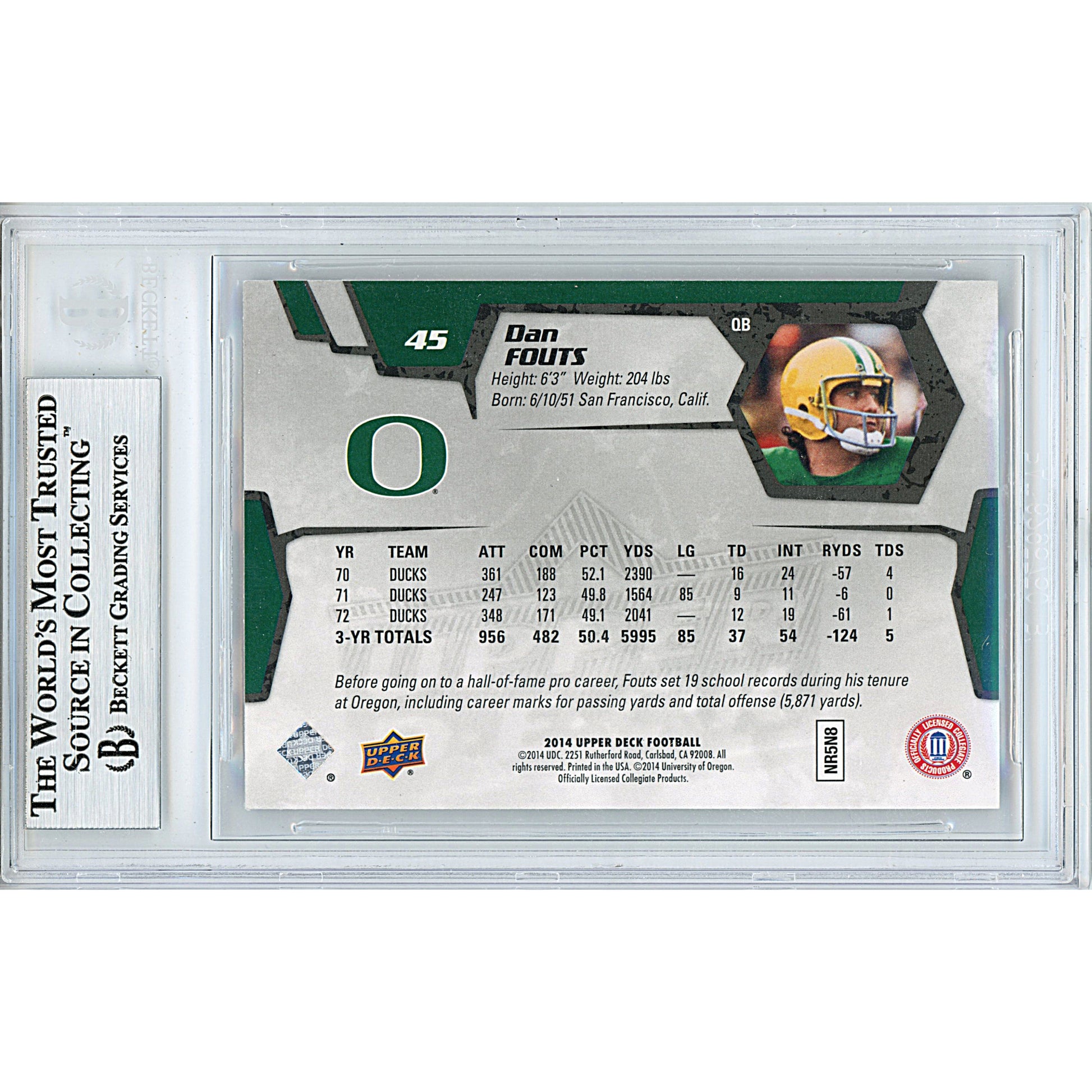 Footballs- Autographed- Dan Fouts Signed Oregon Ducks 2014 Upper Deck Football Card Beckett BAS Authenticated Slabbed 00013190476 - 103
