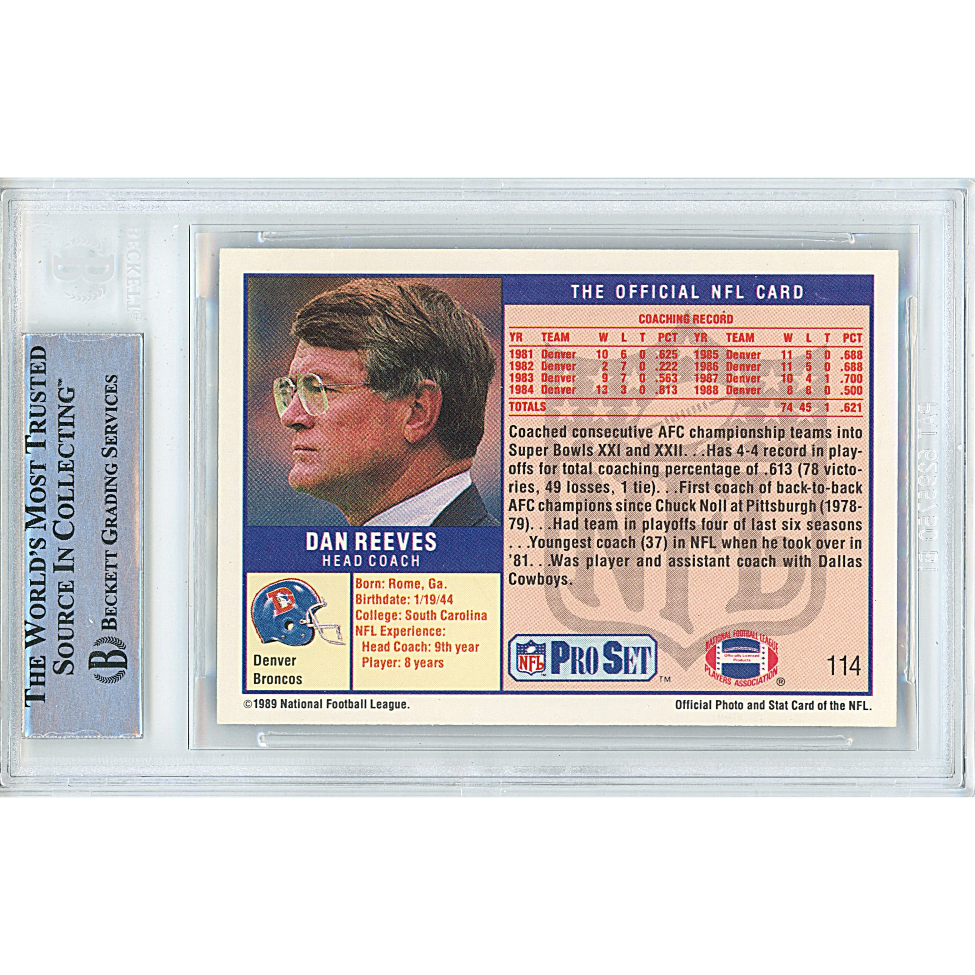 1989 Dan Reeves Signed Trading Card – Beckett BAS