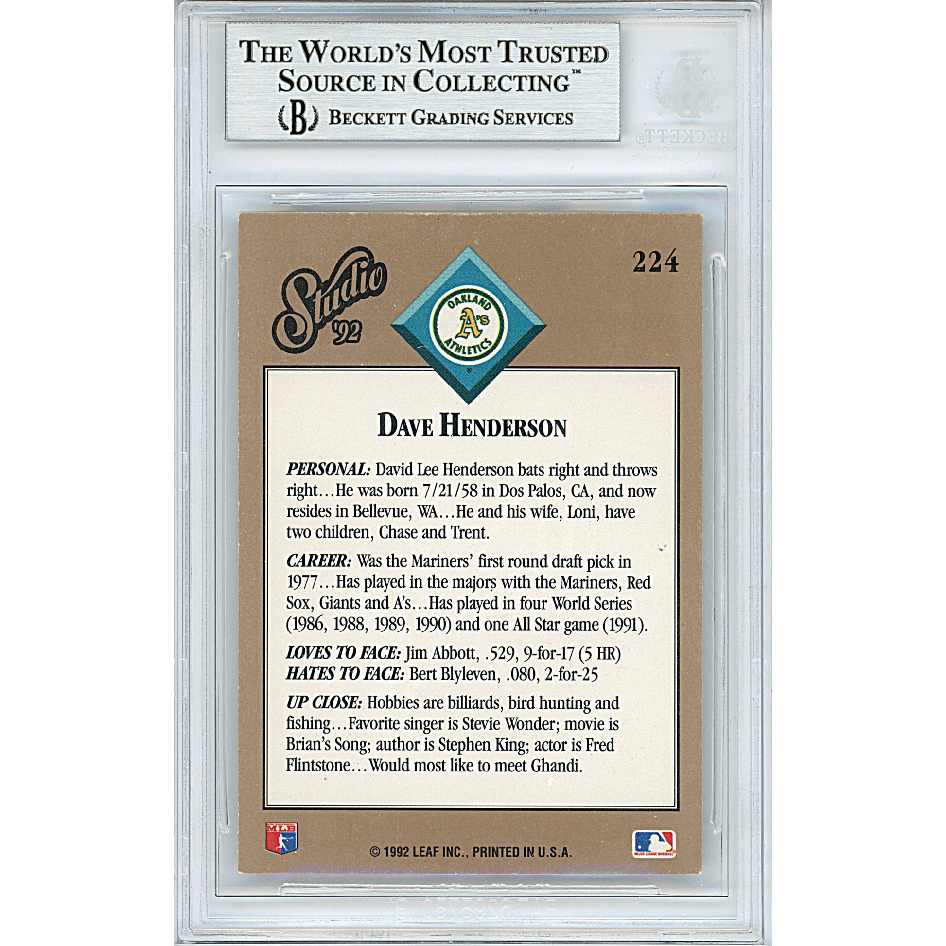 Baseballs- Autographed- Dave Henderson Signed Oakland Athletics A's 1992 Donruss Studio Baseball Trading Card Beckett BAS Encapsulation Slabbed 00012867195 - 102