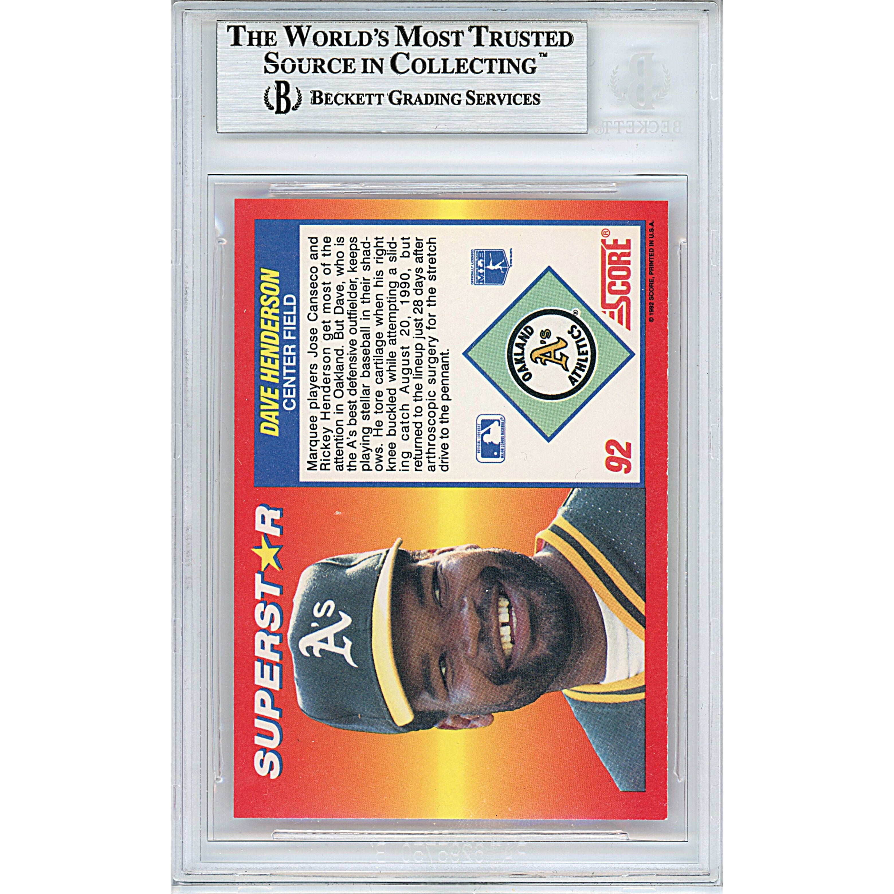 1992 Score Dave Henderson Autograph Trading Card – Beckett BAS