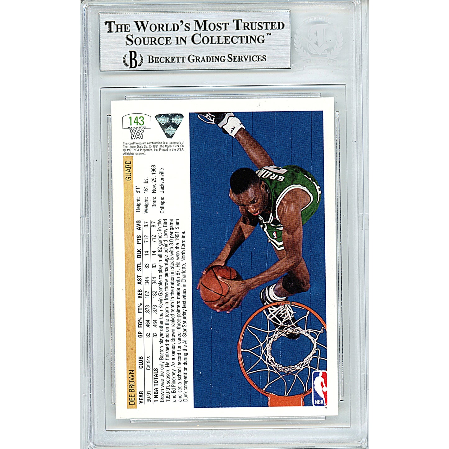 Basketballs- Autographed- Dee Brown Signed Boston Celtics 1991-1992 Upper Deck Basketball Card Beckett BAS Slabbed 00014225460 - 102