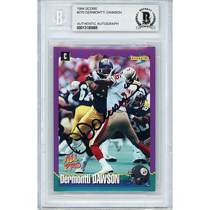 Footballs- Autographed- Dermontti Dawson Signed Pittsburgh Steelers 1992 Score Football Card Beckett BAS Authenticated Slabbed 00013190665 - 101