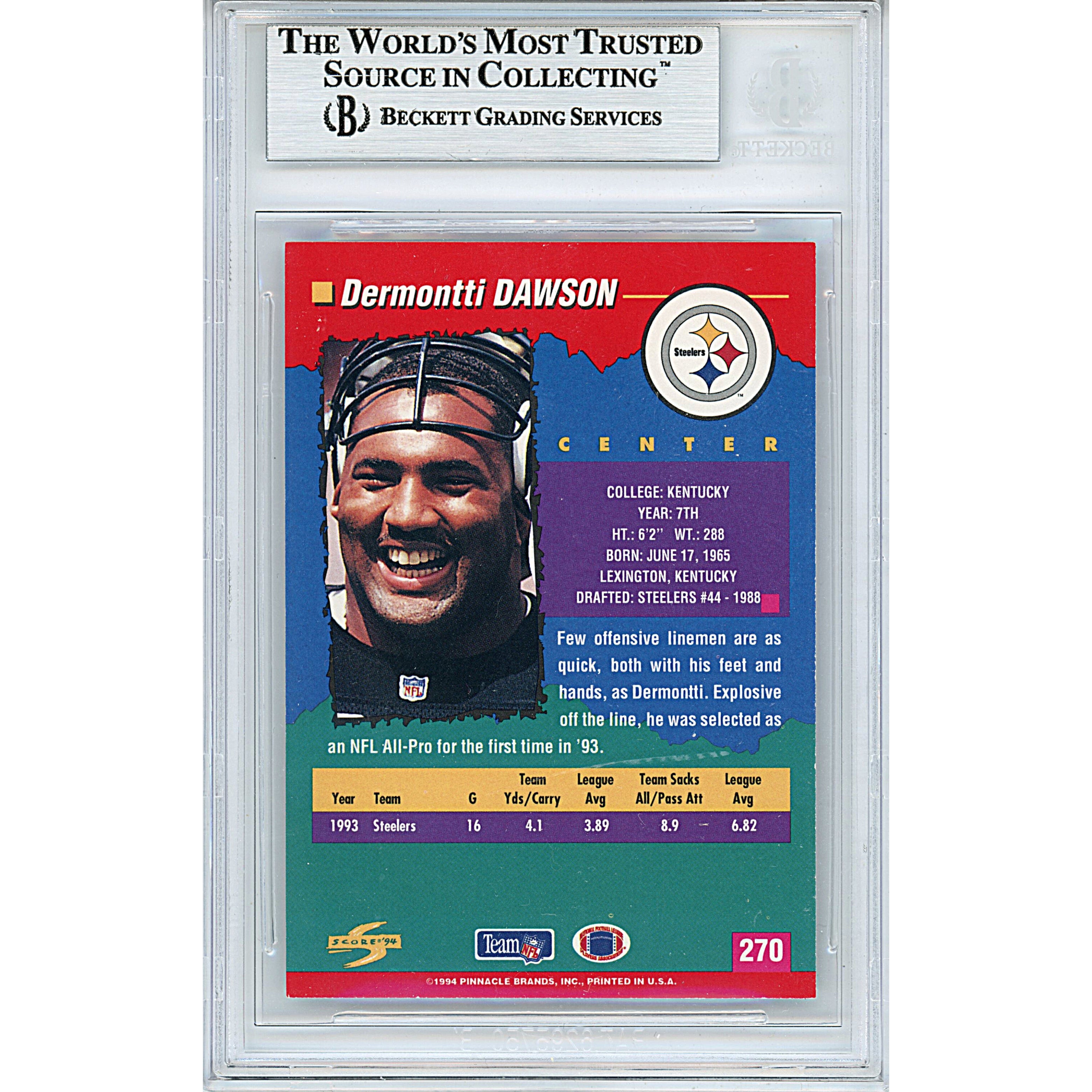 Dermontti Dawson signed trading card – signature close-up – Beckett COA