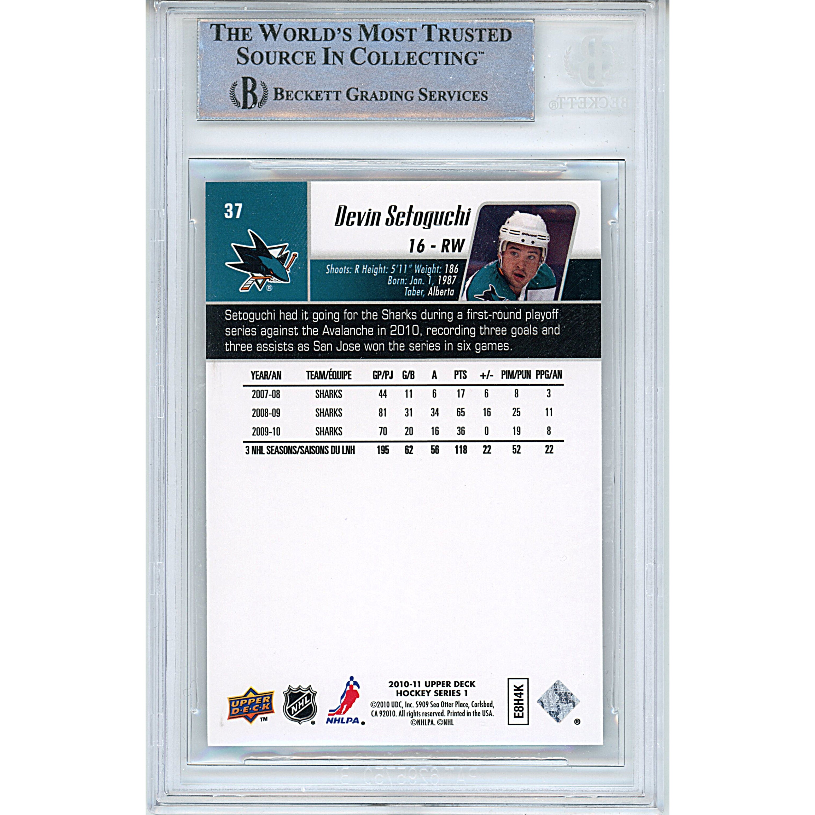 Devin Setoguchi signed trading card – signature close-up – Beckett COA