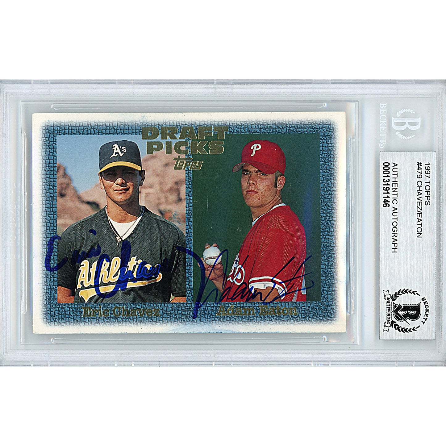 Baseballs- Autographed- Eric Chavez (Oakland Athletics A's) and Adam Eaton (Philadelphia Phillies) Duo Signed 1997 Topps Rookie Draft Pick Baseball Card Beckett BAS Slabbed 00013191146 - 101