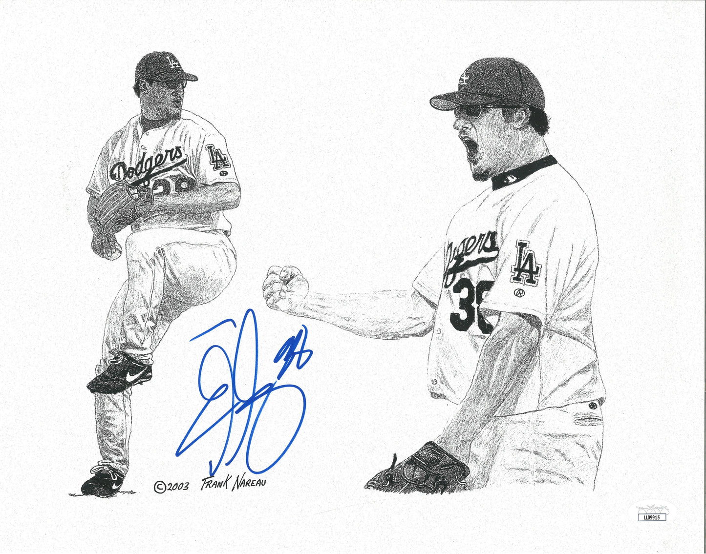 Baseballs- Autographed- Eric Gagne Signed Los Angeles Dodgers 11x14 Frank Nareau Art Print Litho JSA Cert Authentication 102