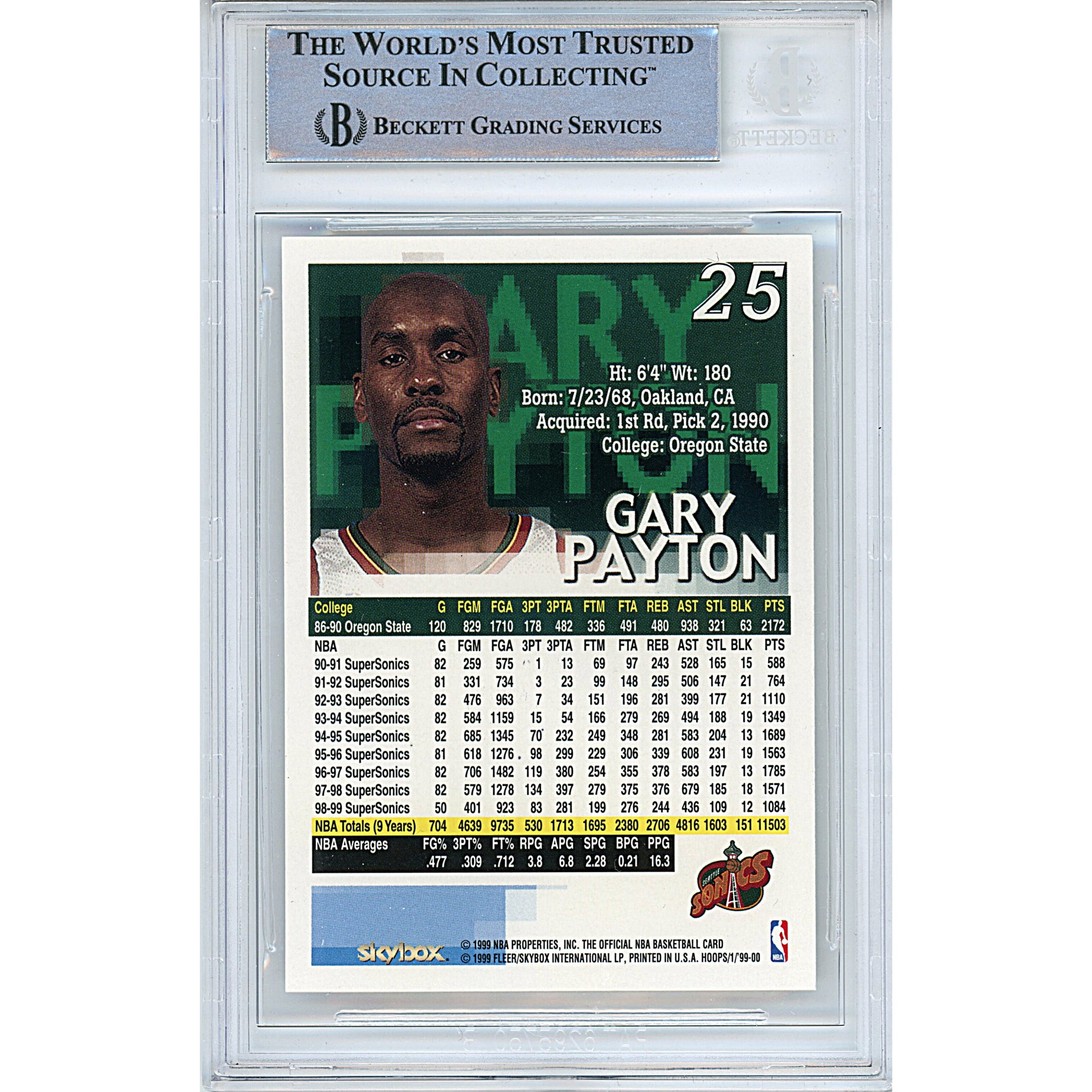 Basketballs- Autographed- Gary Payton Signed Seattle SuperSonics 1999-2000 NBA Hoops Basketball Card Beckett Slabbed 00014391046 - 102