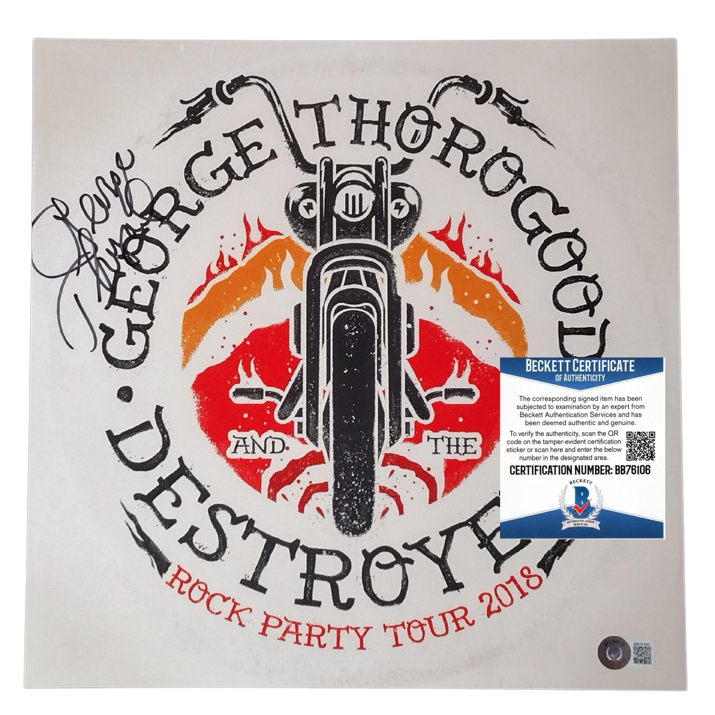 Music- Autographed- George Thorogood Signed Rock Party Tour 2018 12x12 Inch Record Album Flat Poster Beckett Authentication 201