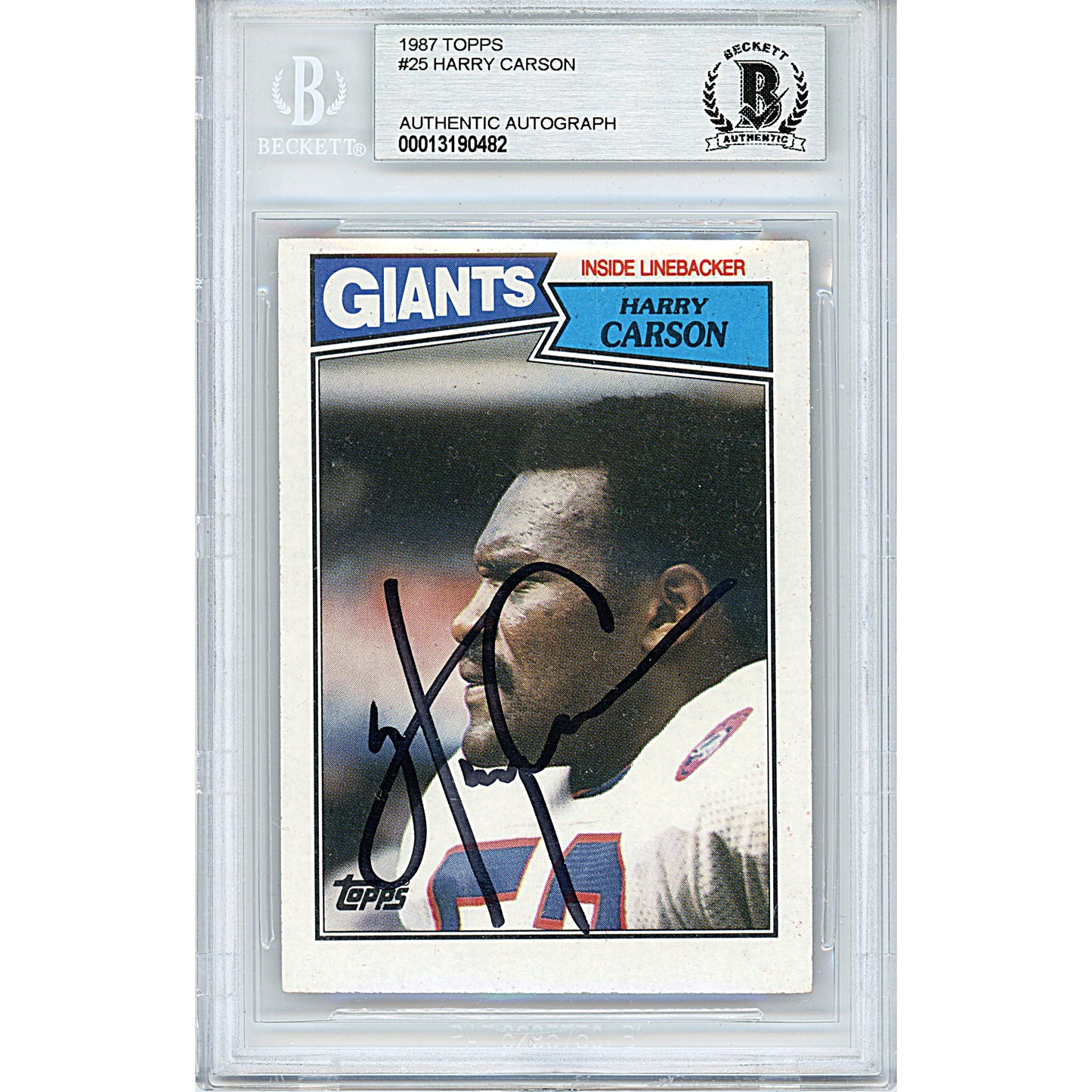 Footballs- Autographed- Harry Carson Signed New York Giants 1987 Topps Football Card Beckett BAS Authenticated Slabbed 00013190482 - 101