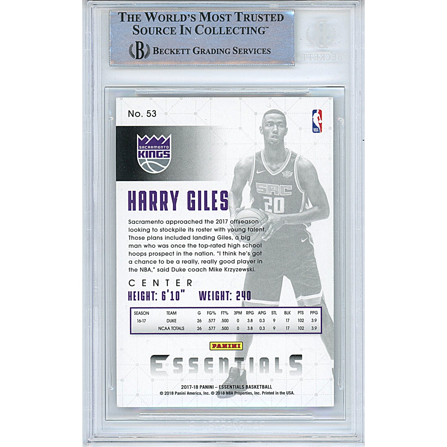 Basketballs- Autographed- Harry Giles Signed Sacramento Kings 2017-2018 Panini Essentials Rookie Basketball Card Beckett Slabbed 00014390625 - 102