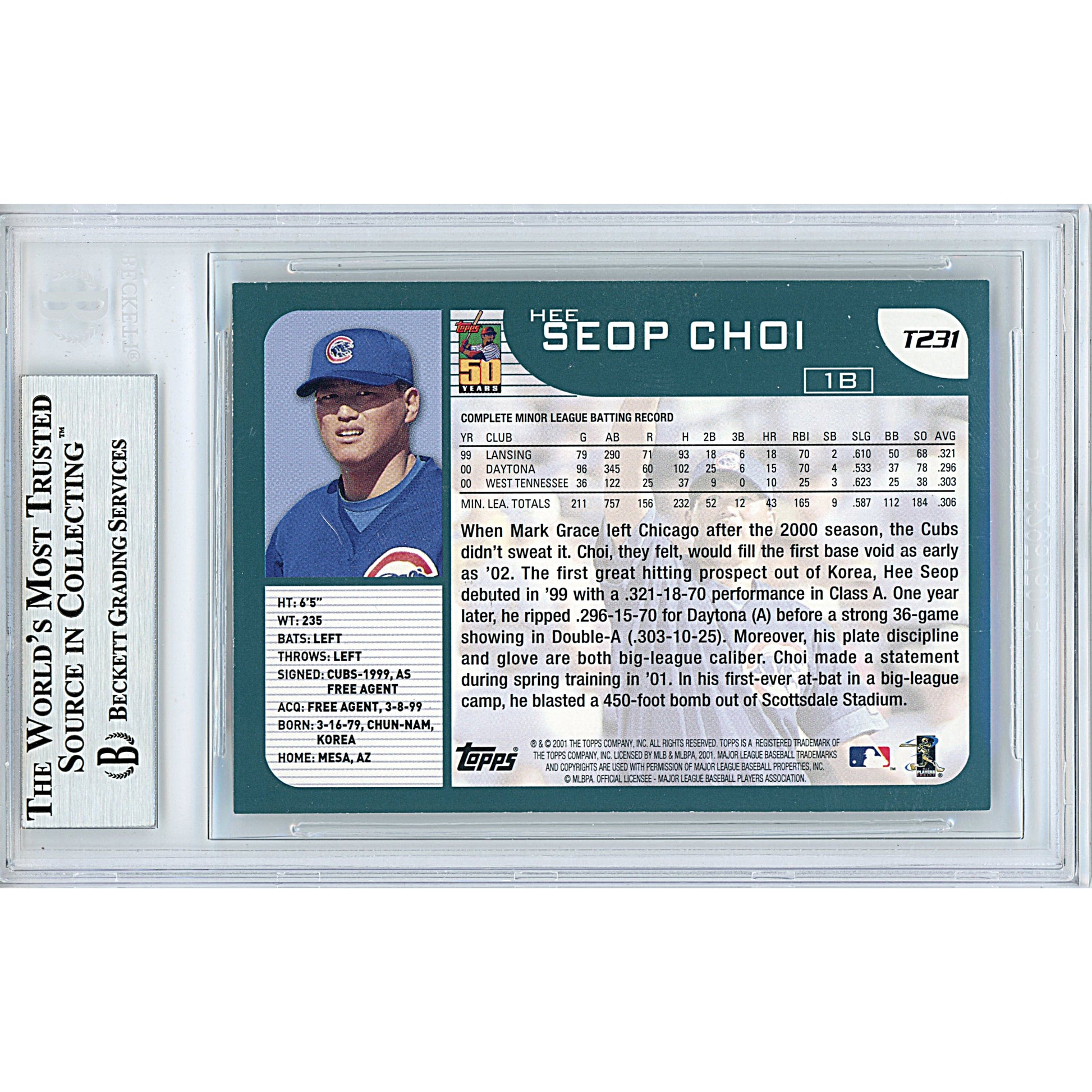 Baseballs- Autographed- Hee Seop Choi Signed Chicago Cubs 2001 Topps Traded Baseball Card Beckett BAS Slabbed 00013694820 - 102