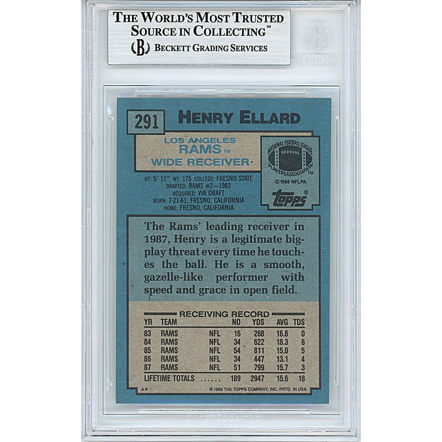 Footballs- Autographed- Henry Ellard Signed Los Angeles Rams 1988 Topps Football Card Beckett BAS Authentication Slabbed 00013190566 - 102