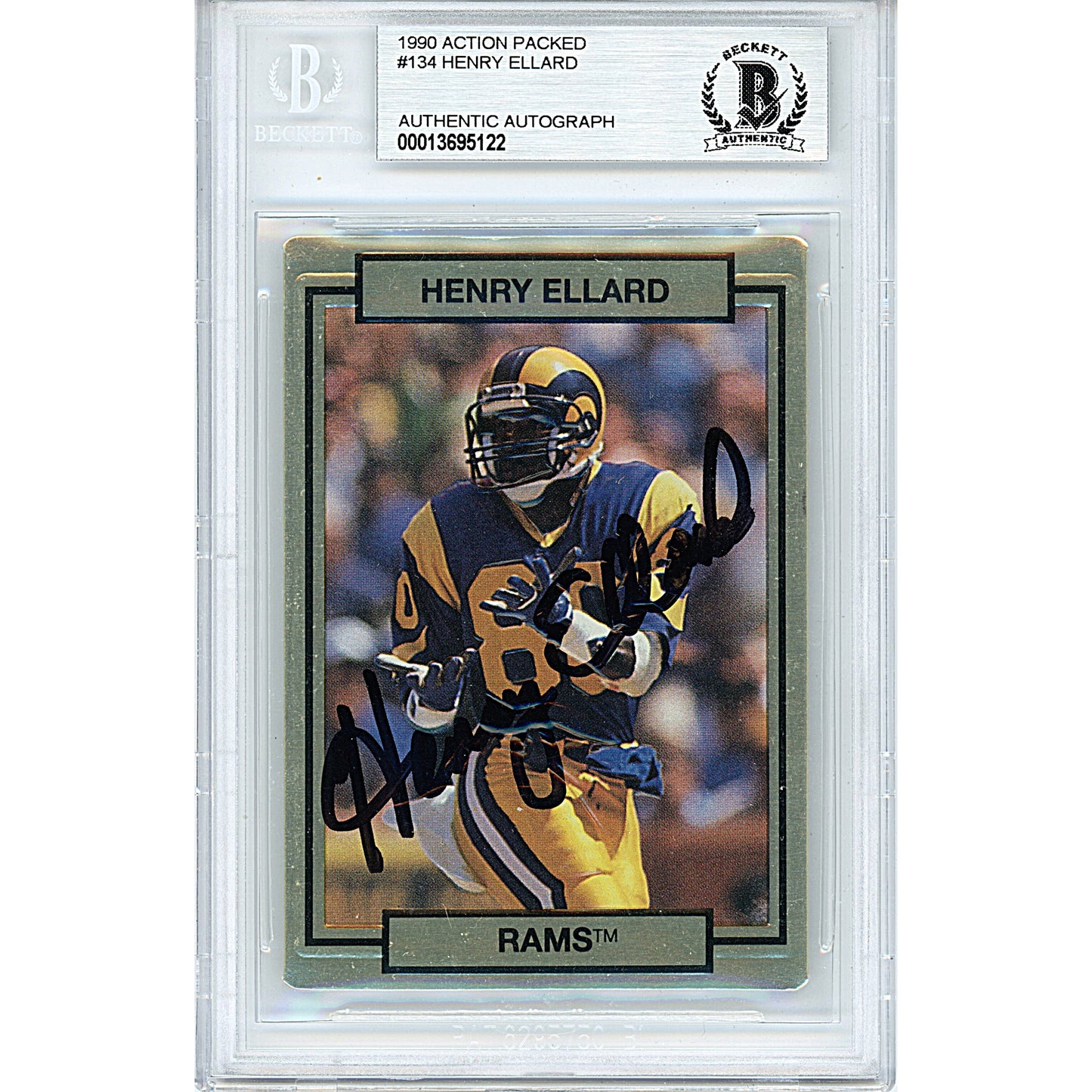 Footballs- Autographed- Henry Ellard Signed Los Angeles Rams 1990 Action Packed Football Card Beckett BAS Slabbed 00013695122 - 101