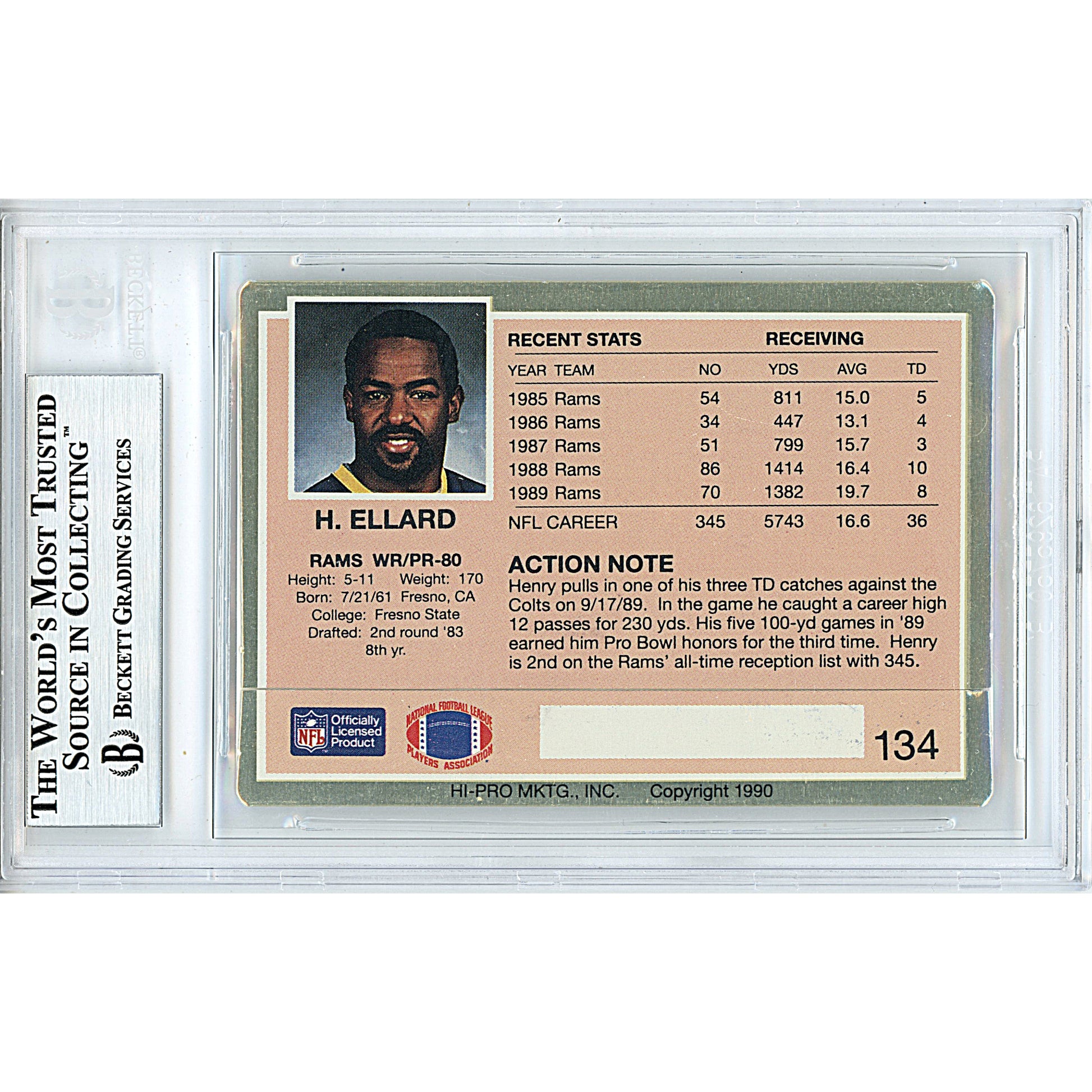 Footballs- Autographed- Henry Ellard Signed Los Angeles Rams 1990 Action Packed Football Card Beckett BAS Slabbed 00013695122 - 102