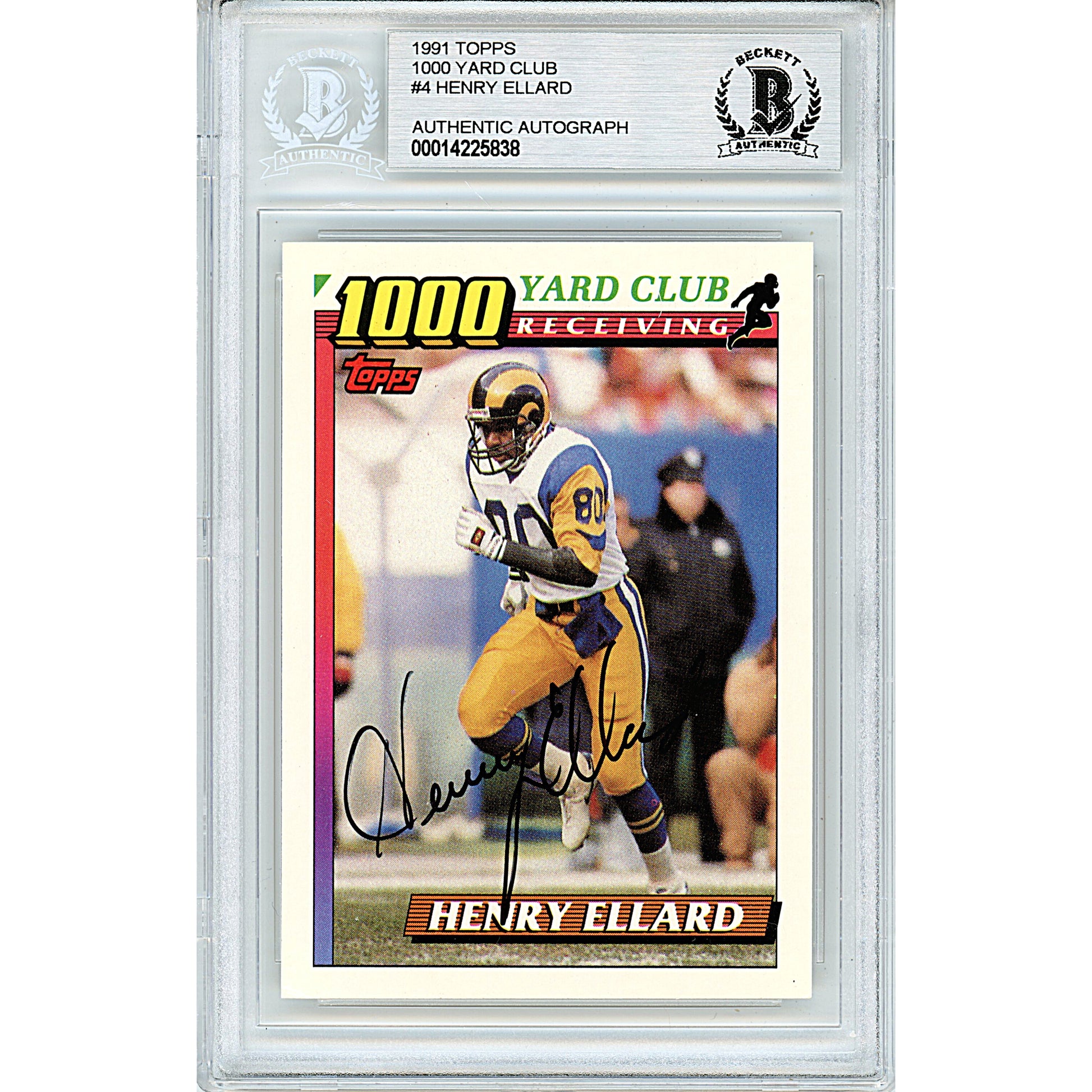 Footballs- Autographed- Henry Ellard Signed Los Angeles Rams 1991 Topps 1000 Yard Club Football Card Beckett BAS Slabbed 00014225838 - 101