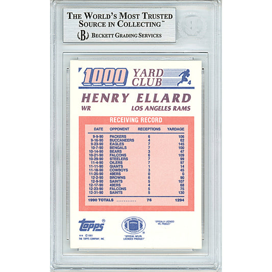 Footballs- Autographed- Henry Ellard Signed Los Angeles Rams 1991 Topps 1000 Yard Club Football Card Beckett BAS Slabbed 00014225838 - 102