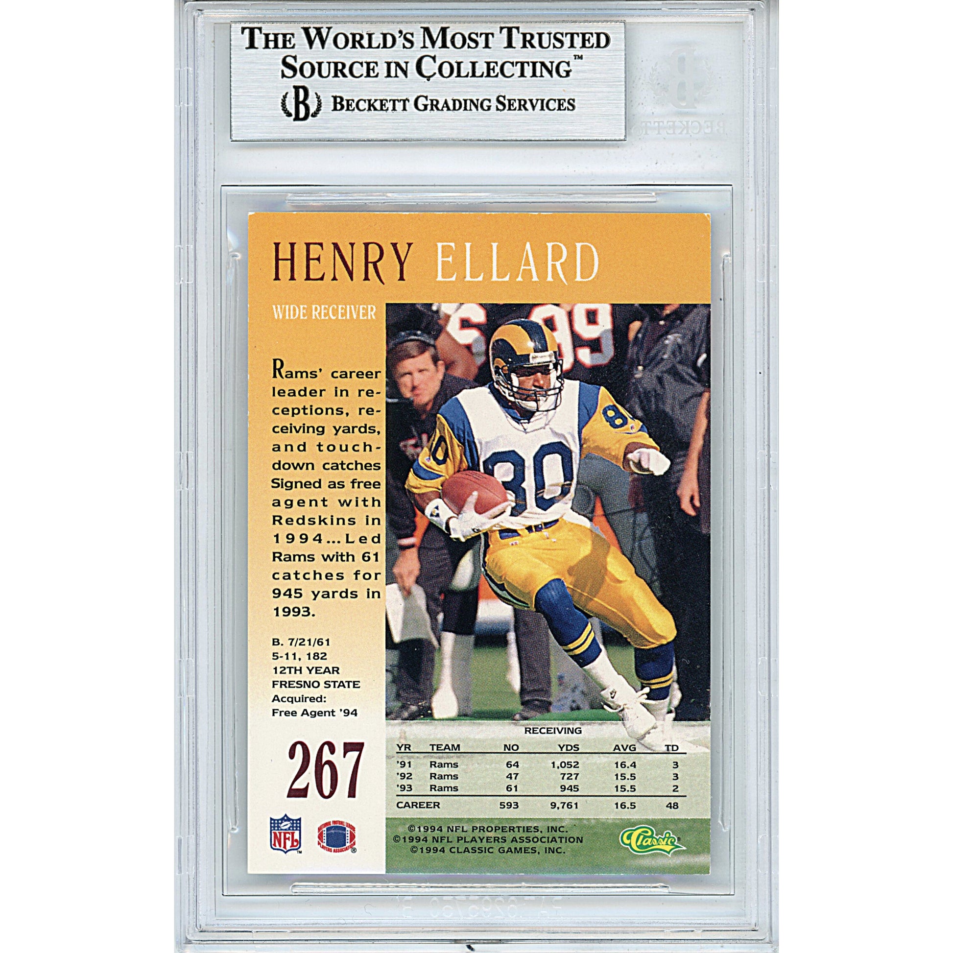 Footballs- Autographed- Henry Ellard Signed Los Angeles Rams 1994 Classic Pro Line Live Football Card Beckett BAS Authenticated Slabbed 00013190654 - 102