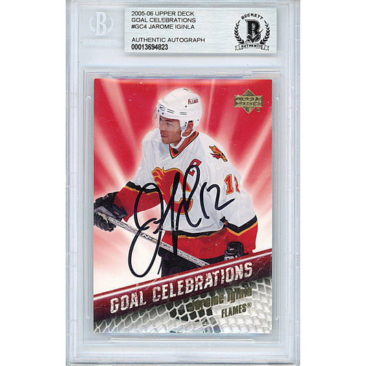 Hockey- Autographed- Jarome Iginla Signed Calgary Flames 2005-2006 Upper Deck Goal Celebrations Insert Hockey Card Beckett BAS Slabbed 00013694823 - 101