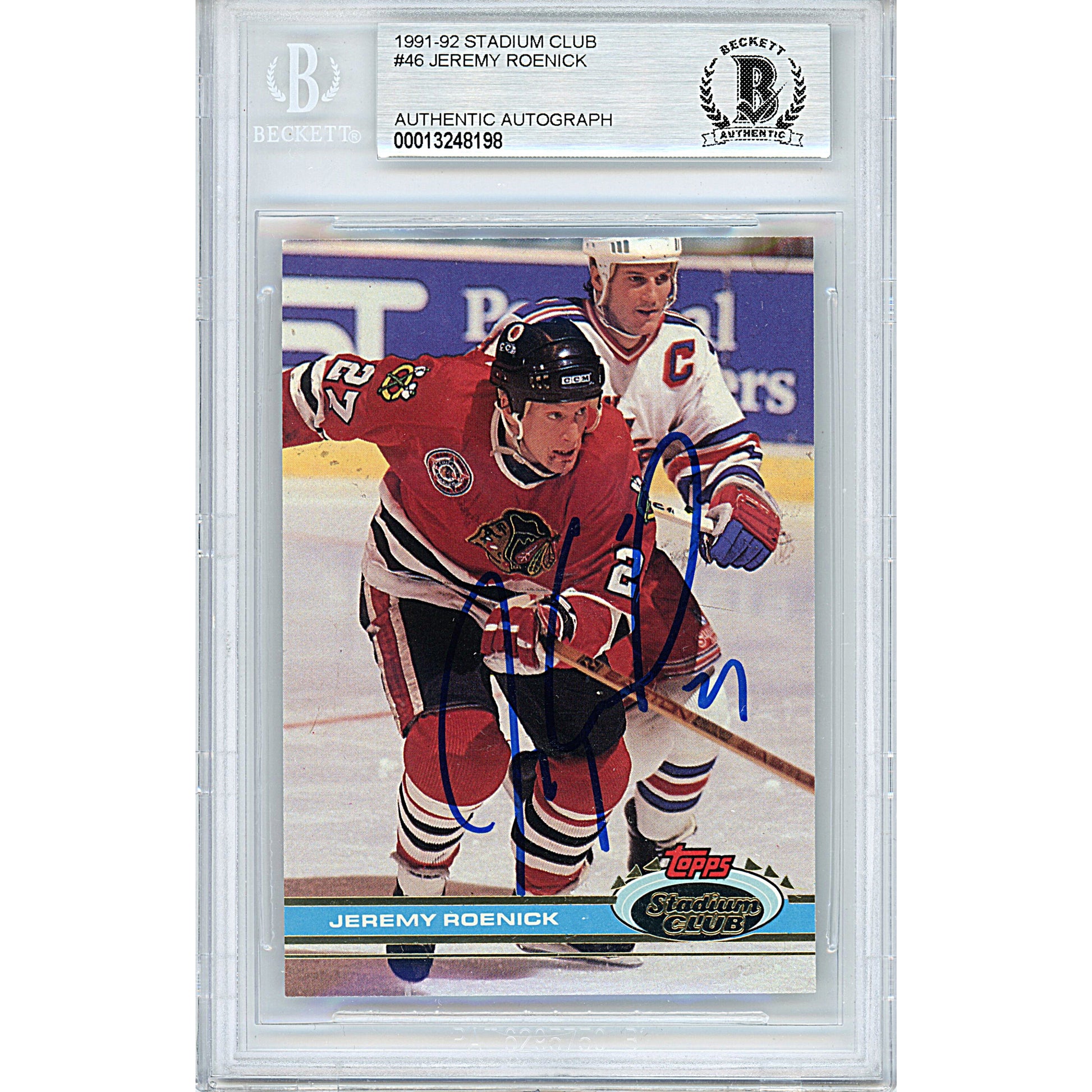 Hockey- Autographed- Jeremy Roenick Signed Chicago Blackhawks 1991-1992 Topps Stadium Club Hockey Card Beckett BAS Slabbed 00013248198 - 101