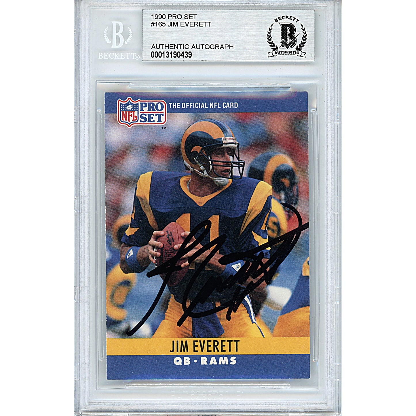 Footballs- Autographed- Jim Everett Signed Los Angeles Rams 1990 NFL Pro Set Football Card Beckett BAS Authenticated Slabbed 00013190439 - 101