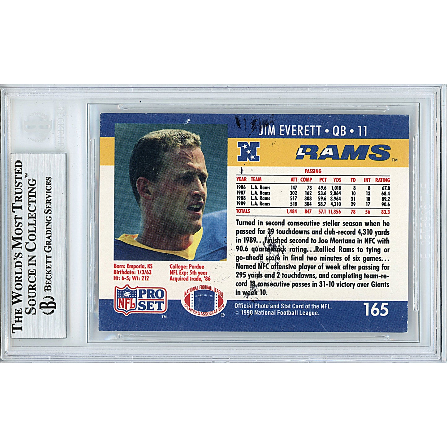 Footballs- Autographed- Jim Everett Signed Los Angeles Rams 1990 NFL Pro Set Football Card Beckett BAS Authenticated Slabbed 00013190439 - 102
