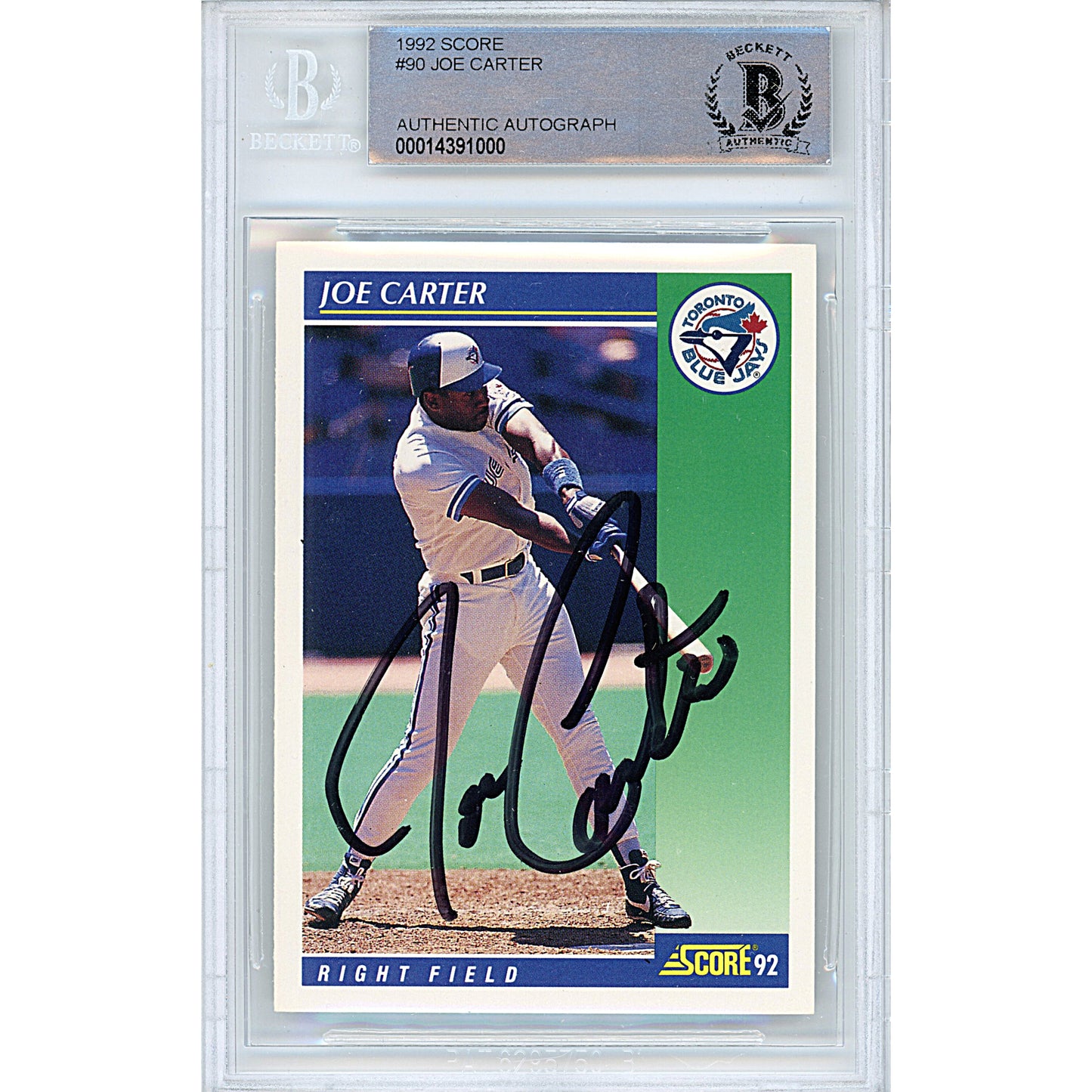 Baseballs- Autographed- Joe Carter Signed Toronto Blue Jays 1992 Score Baseball Card Beckett Authentication Slabbed 00014391000 - 101