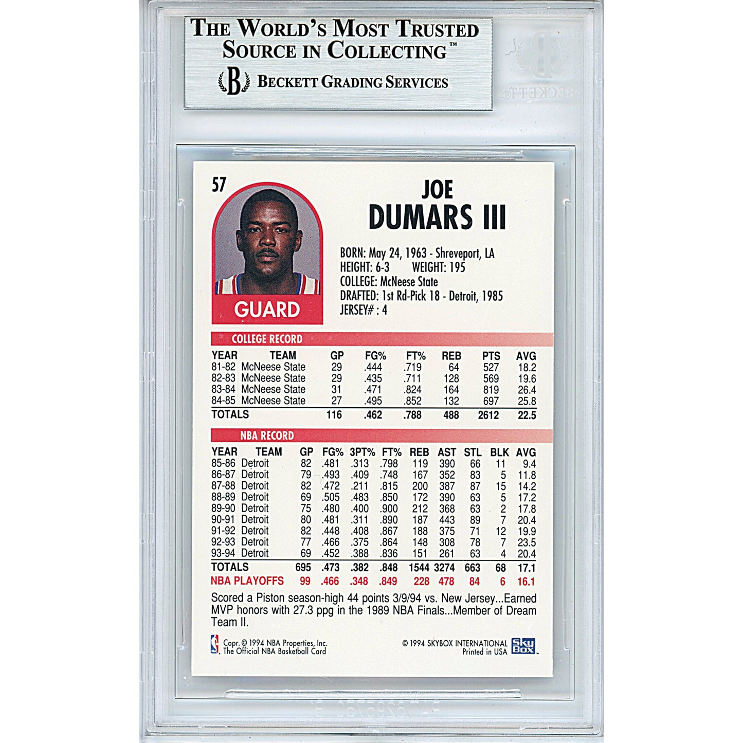 Basketballs- Autographed- Joe Dumars Signed Detroit Pistons 1994-1995 Hoops Basketball Card Beckett BAS Slabbed 00013694973 - 102