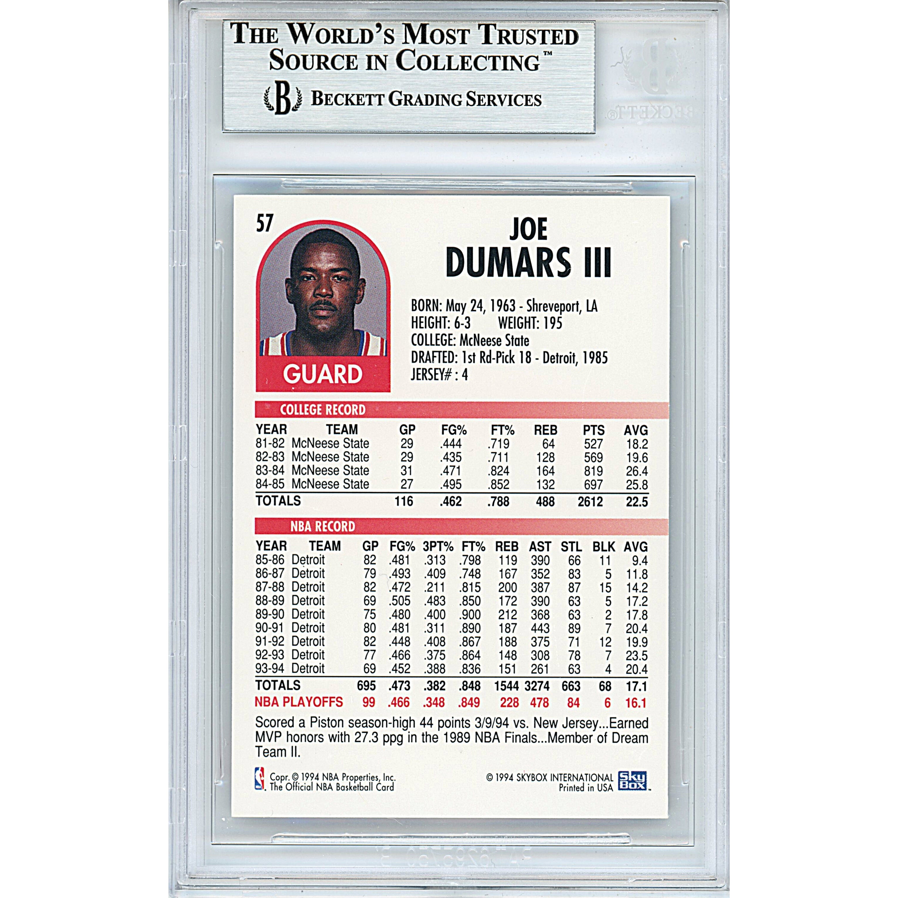Joe Dumars signed trading card – signature close-up – Beckett COA