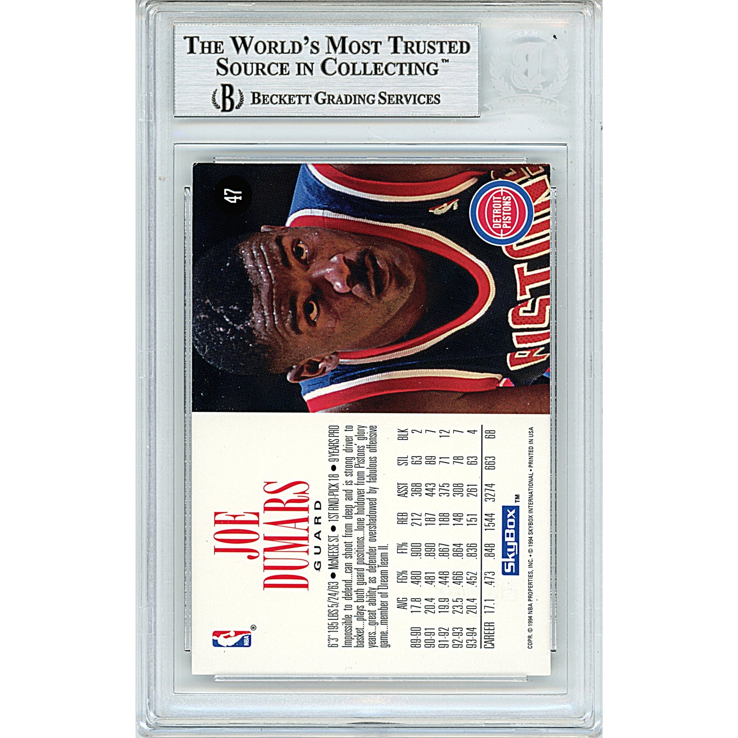 Basketballs- Autographed- Joe Dumars Signed Detroit Pistons 1994-1995 Skybox Premium Basketball Card Beckett BAS Slabbed 00014225471 - 103