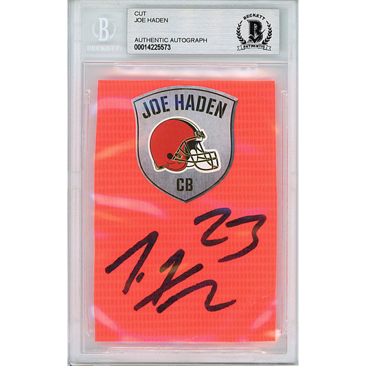 Footballs- Autographed- Joe Haden Signed Cleveland Browns Football End Zone Pylon Piece Beckett BAS Slabbed 00014225573 - 101