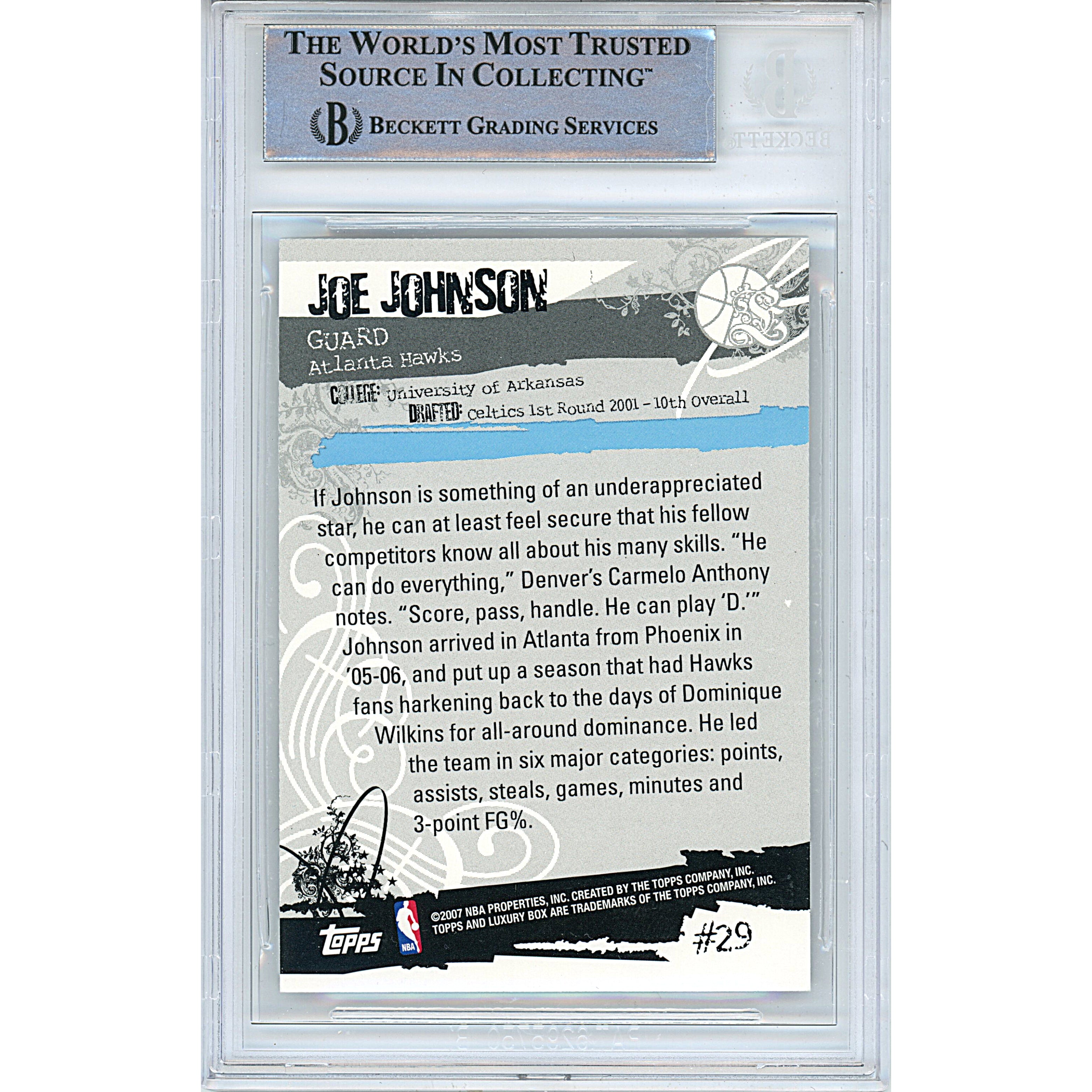 Joe Johnson signed trading card – signature close-up – Beckett COA