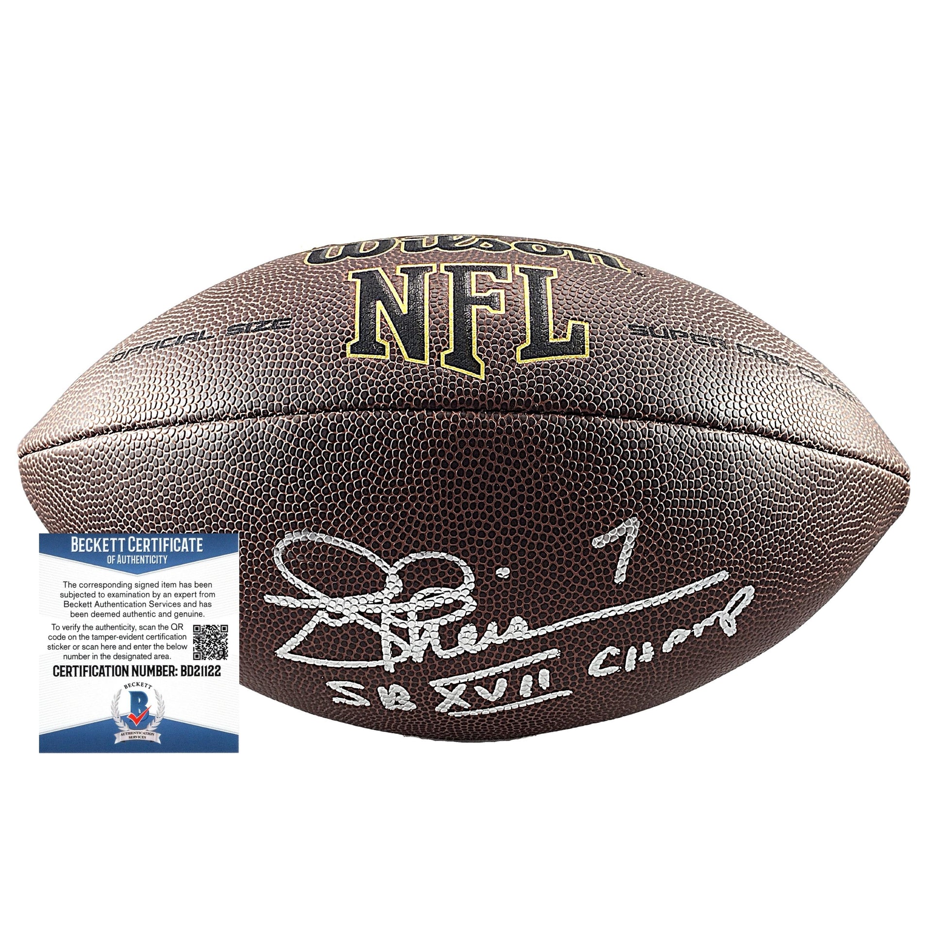 Footballs- Autographed- Joe Theismann Signed NFL Wilson Super Grip Football with SB XVII Champs Inscription Washington Redskins Proof Photo Beckett Authentication 201