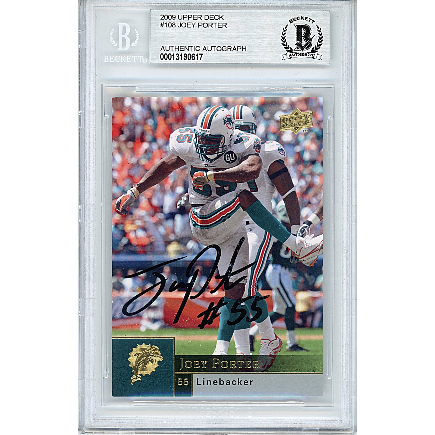 Footballs- Autographed- Joey Porter Signed Miami Dolphins 2009 Upper Deck Football Card Beckett BAS Authenticated Slabbed 00013190617 - 101