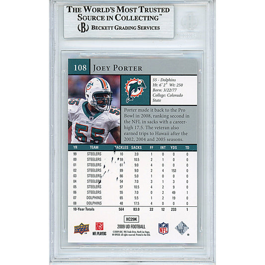 Footballs- Autographed- Joey Porter Signed Miami Dolphins 2009 Upper Deck Football Card Beckett BAS Authenticated Slabbed 00013190617 - 102