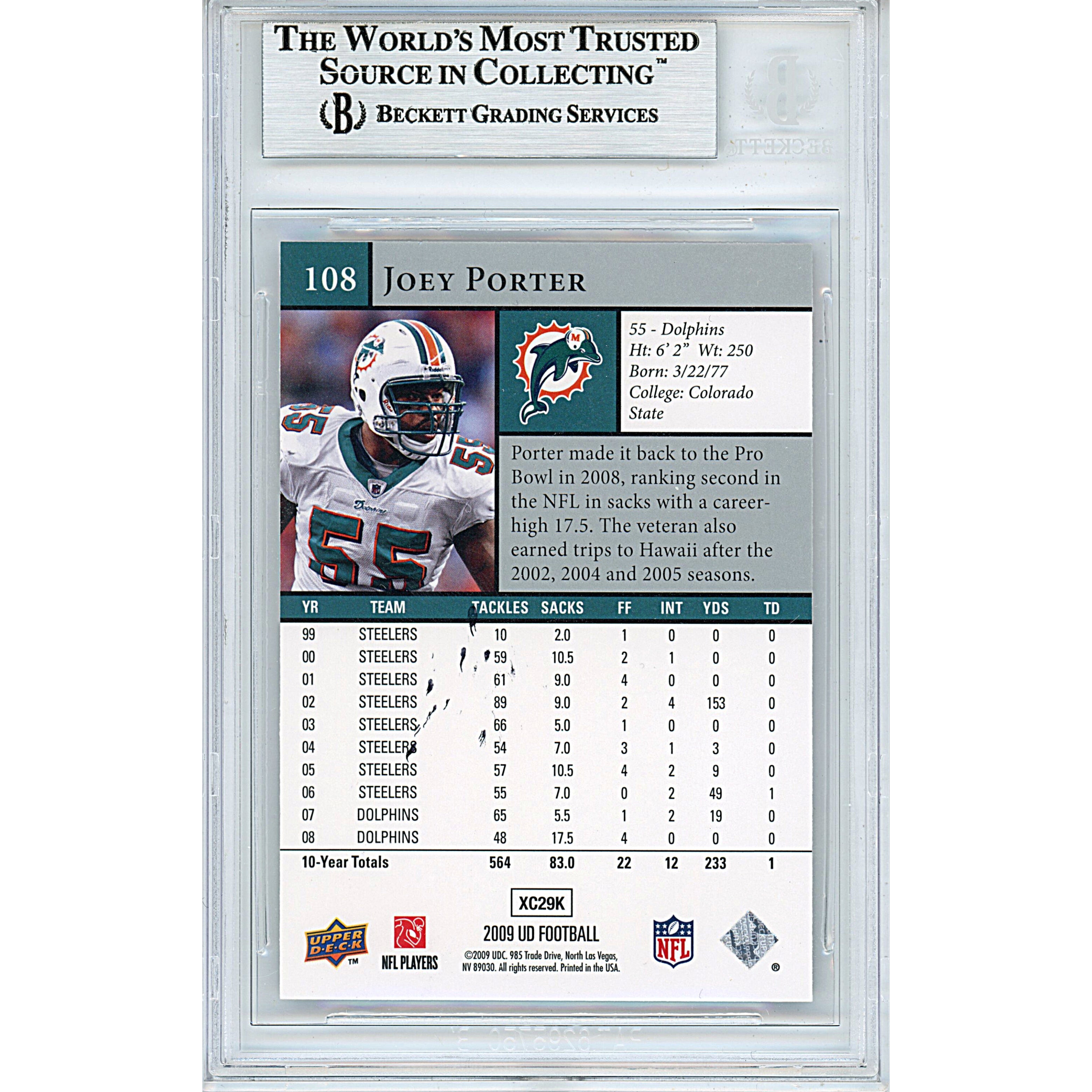 Joey Porter signed trading card – signature close-up – Beckett COA