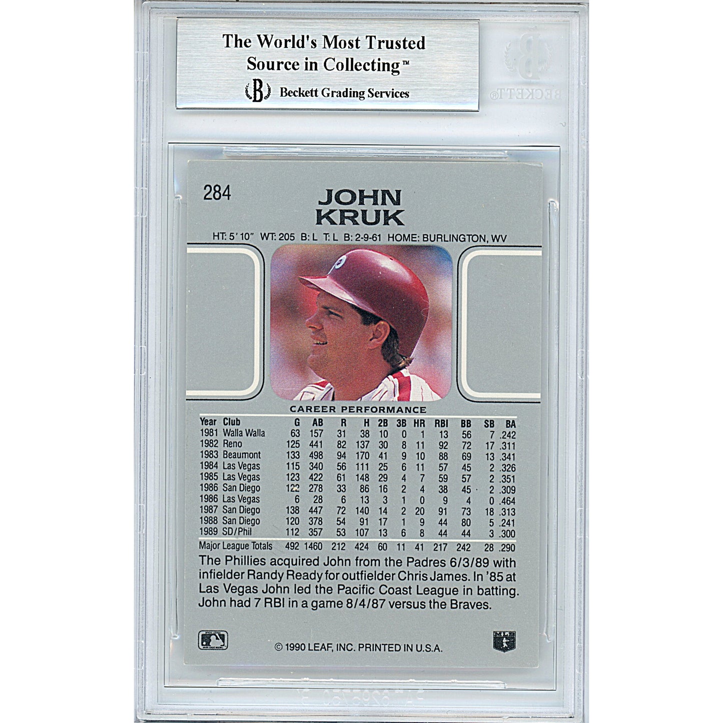 Baseballs- Autographed- John Kruk Signed Philadelphia Phillies 1990 Leaf Baseball Card Beckett BAS Slabbed 00013248207 - 102