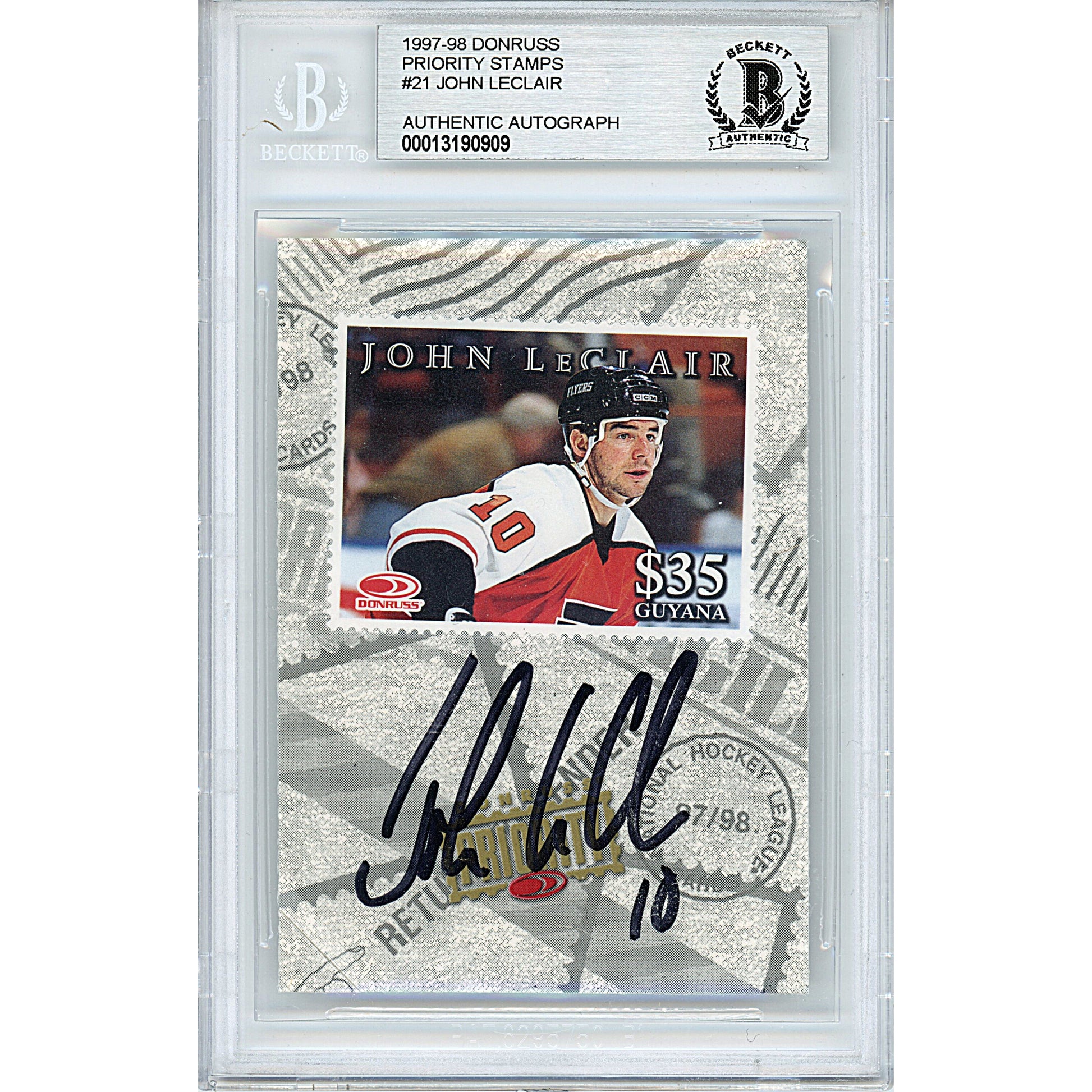 Hockey- Autographed- John LeClair Signed Philadelphia Flyers 1997-1998 Donruss Priority Stamps Insert Hockey Card Beckett Slabbed 00013190909 - 101