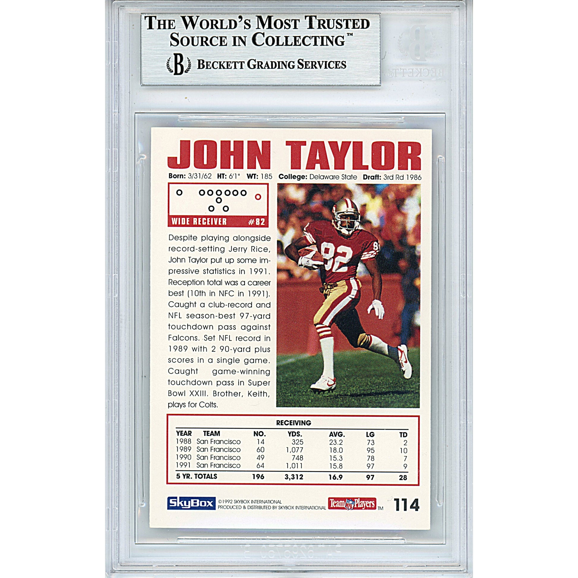 Footballs- Autographed- John Taylor Signed San Francisco 49ers 1992 Skybox Impact Football Card Beckett Slabbed 00013695046 - 102