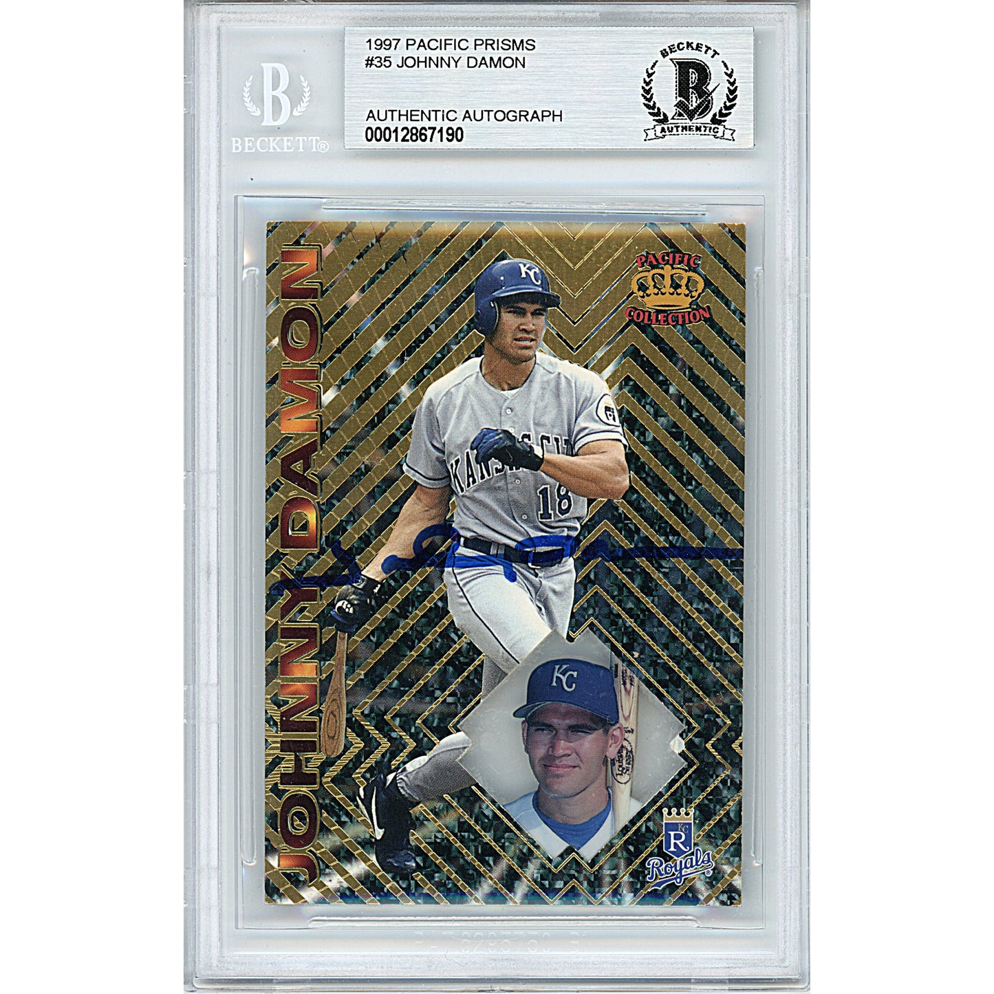 Baseballs- Autographed- Johnny Damon Signed Kansas City Royals 1997 Pacific Prisms Baseball Trading Card Beckett BAS Authenticated Encapsulated Slabbed 00012867190 - 101