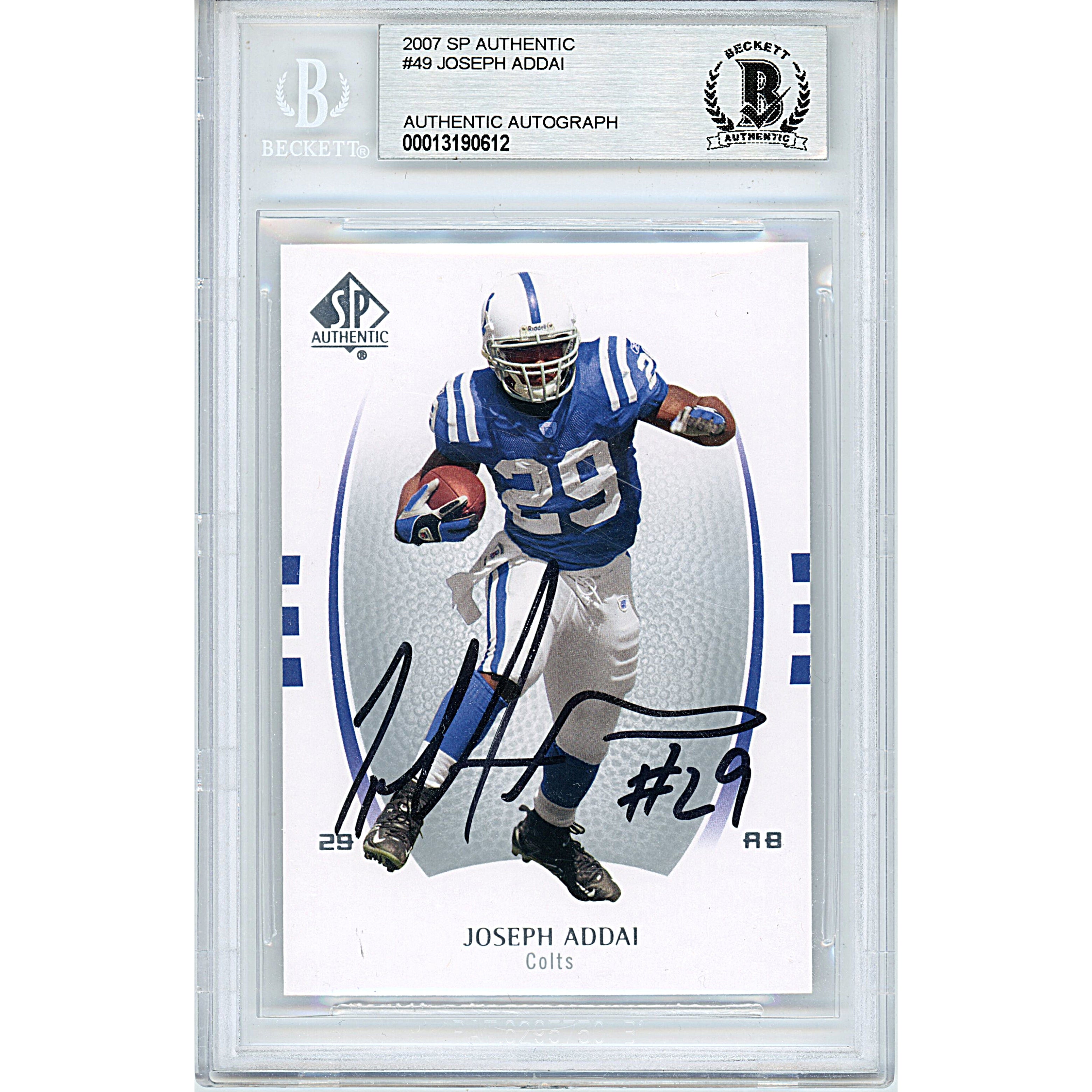 Joseph Addai autographed trading card – full view – Beckett COA