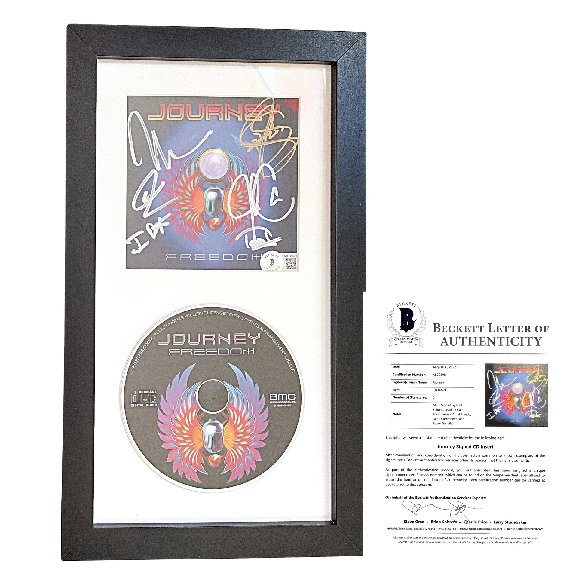 Music- Autographed- Journey Band Signed Freedom CD Cover Framed and Matted Display Beckett Certified Authentic 301