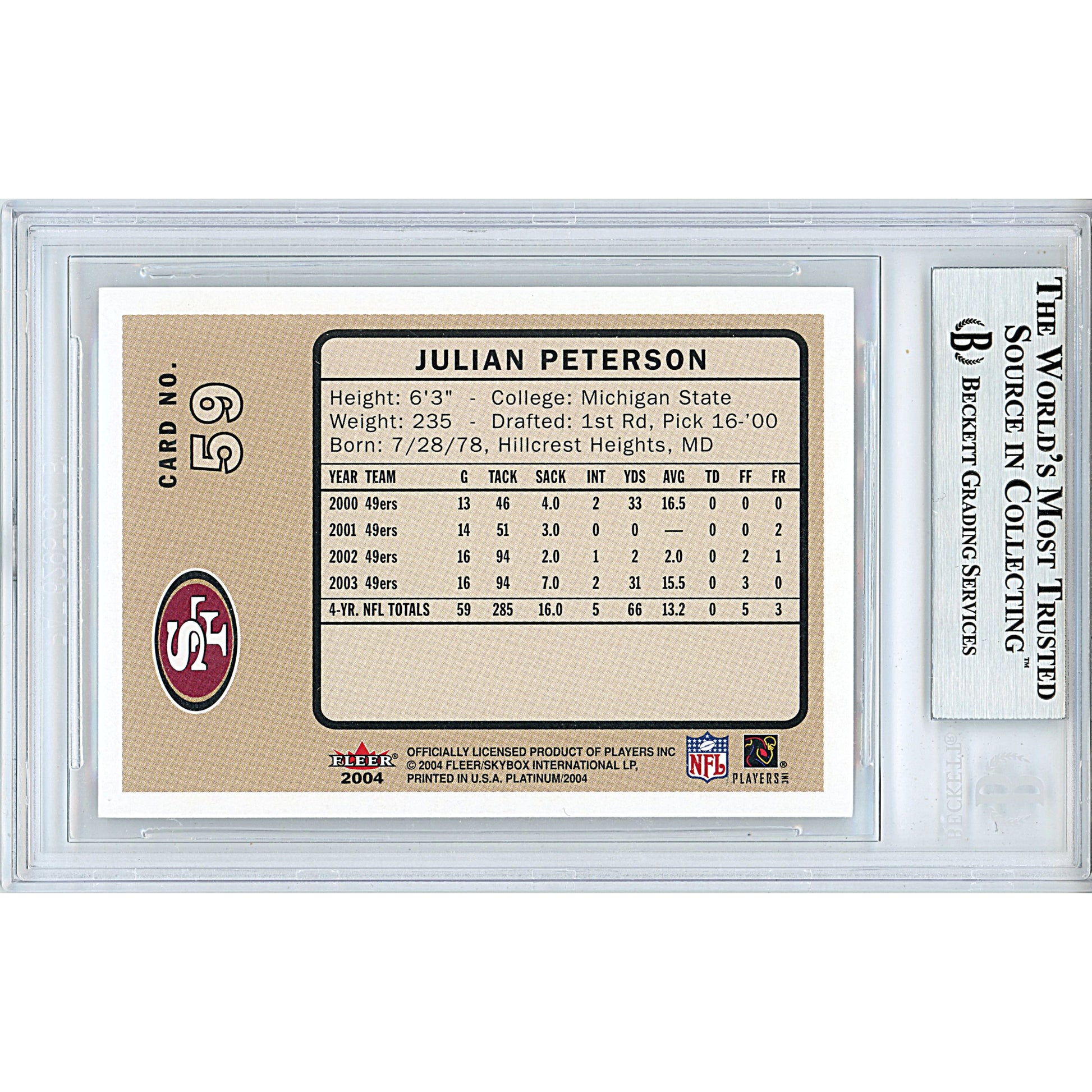 Footballs- Autographed- Julian Peterson Signed San Francisco 49ers 2004 Fleer Platinum Football Card Beckett BAS Slabbed 00013695111 - 102