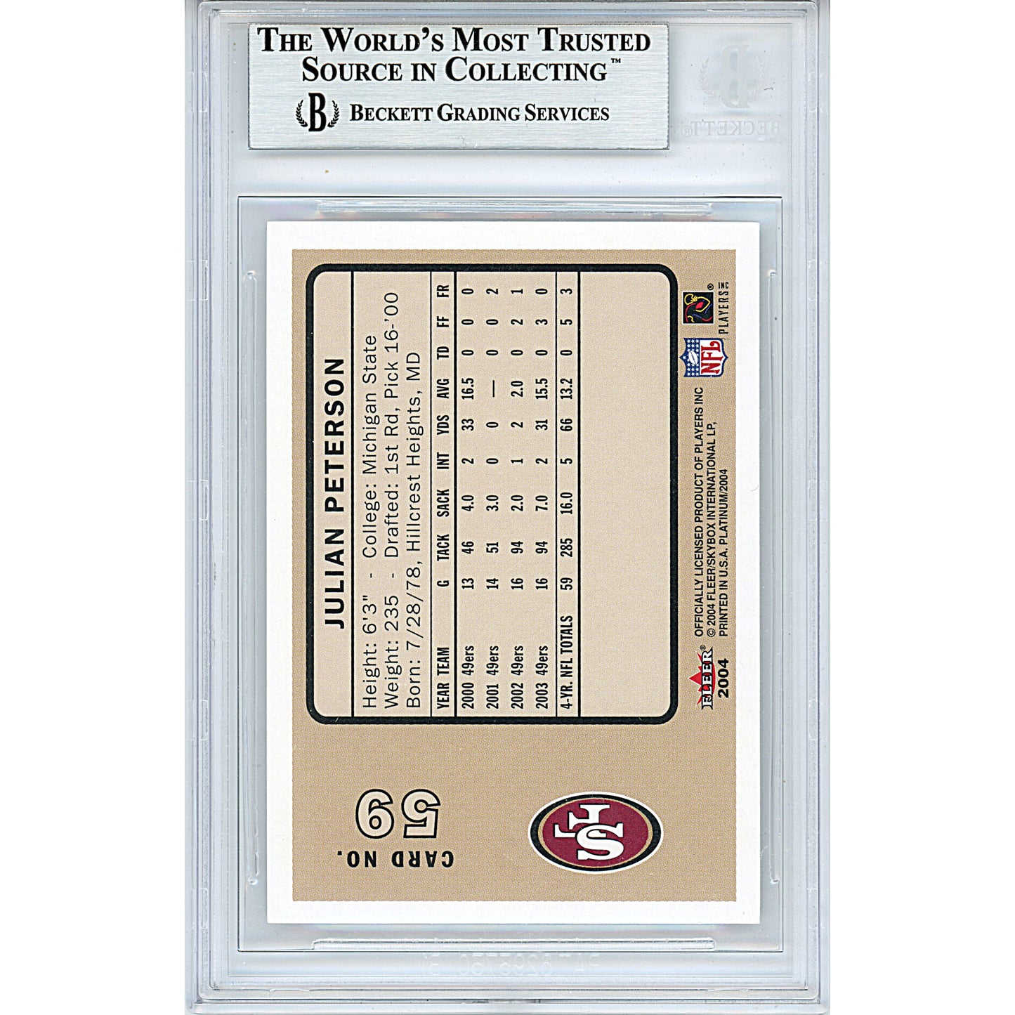 Footballs- Autographed- Julian Peterson Signed San Francisco 49ers 2004 Fleer Platinum Football Card Beckett BAS Slabbed 00013695111 - 103