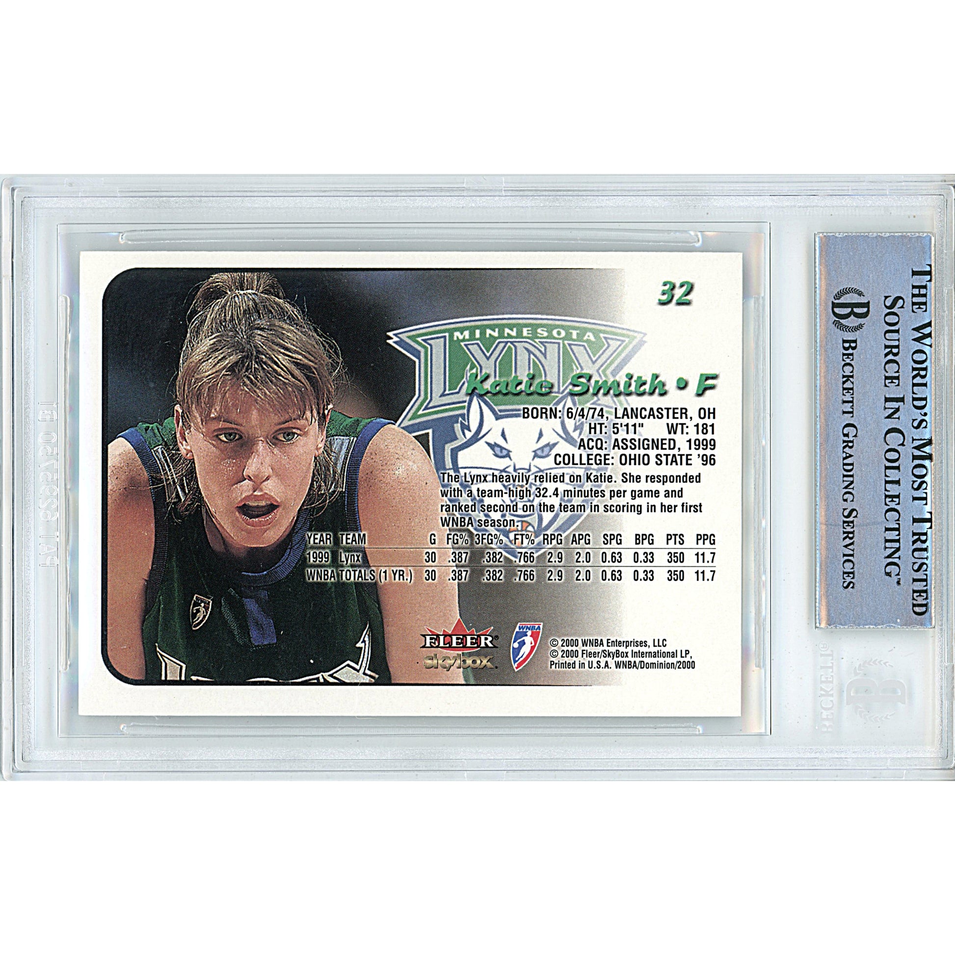 Basketballs- Autographed- Katie Smith Signed Minnesota Lynx 2000 Skybox Dominion WNBA Basketball Card Beckett Authentication Slabbed 00014997844 - 102