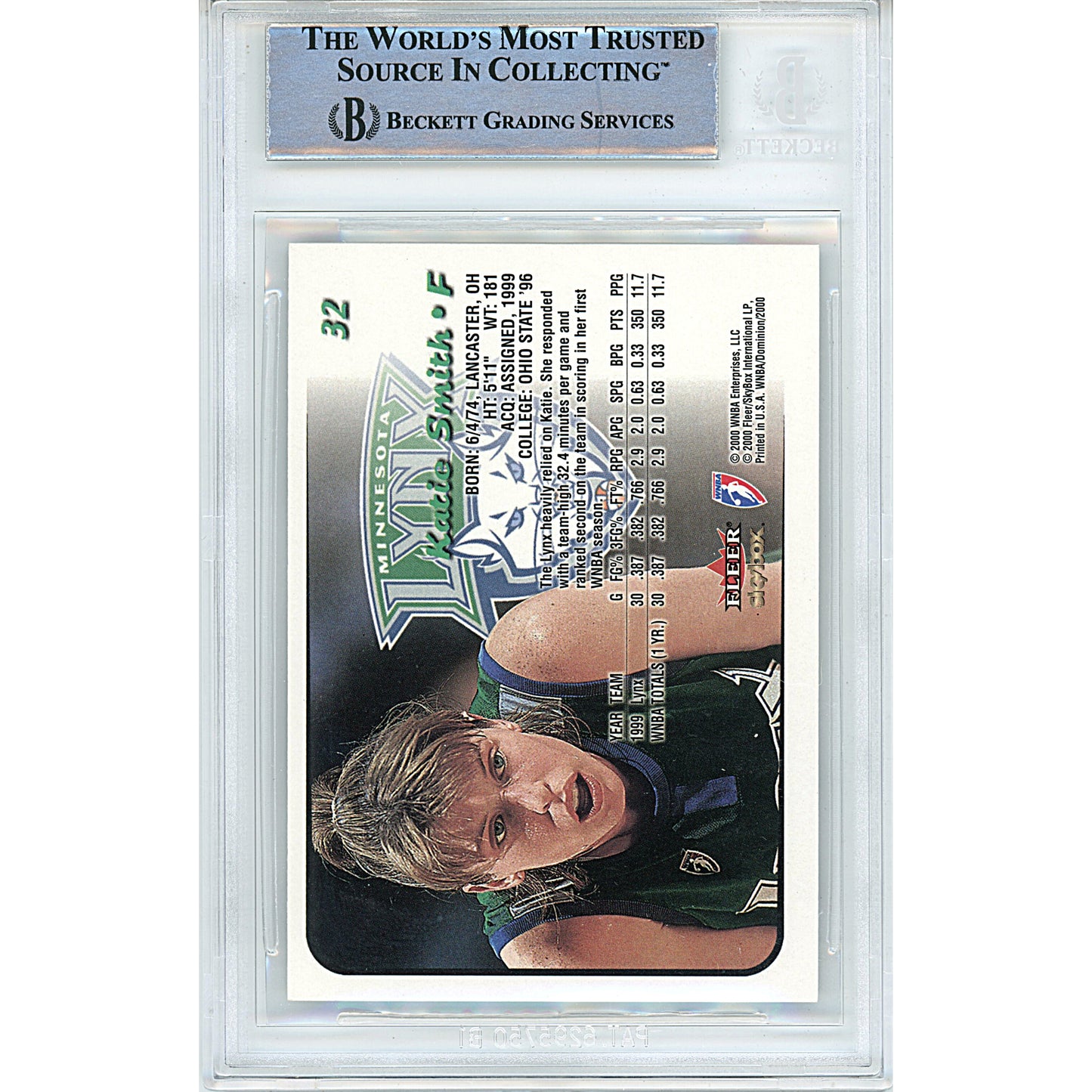 Basketballs- Autographed- Katie Smith Signed Minnesota Lynx 2000 Skybox Dominion WNBA Basketball Card Beckett Authentication Slabbed 00014997844 - 103